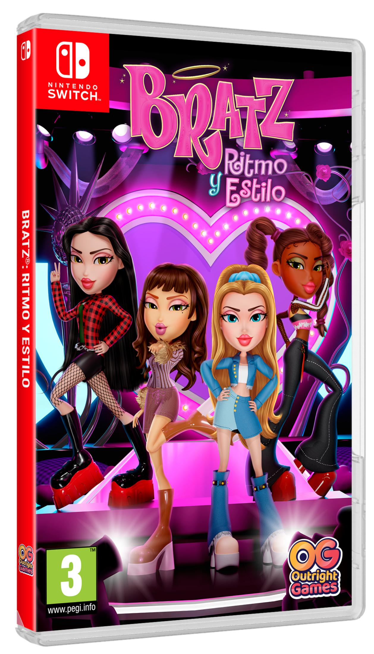Funda de Nintendo Switch para el juego Bratz: Ritmo y Estilo con cuatro muñecas en escenario.