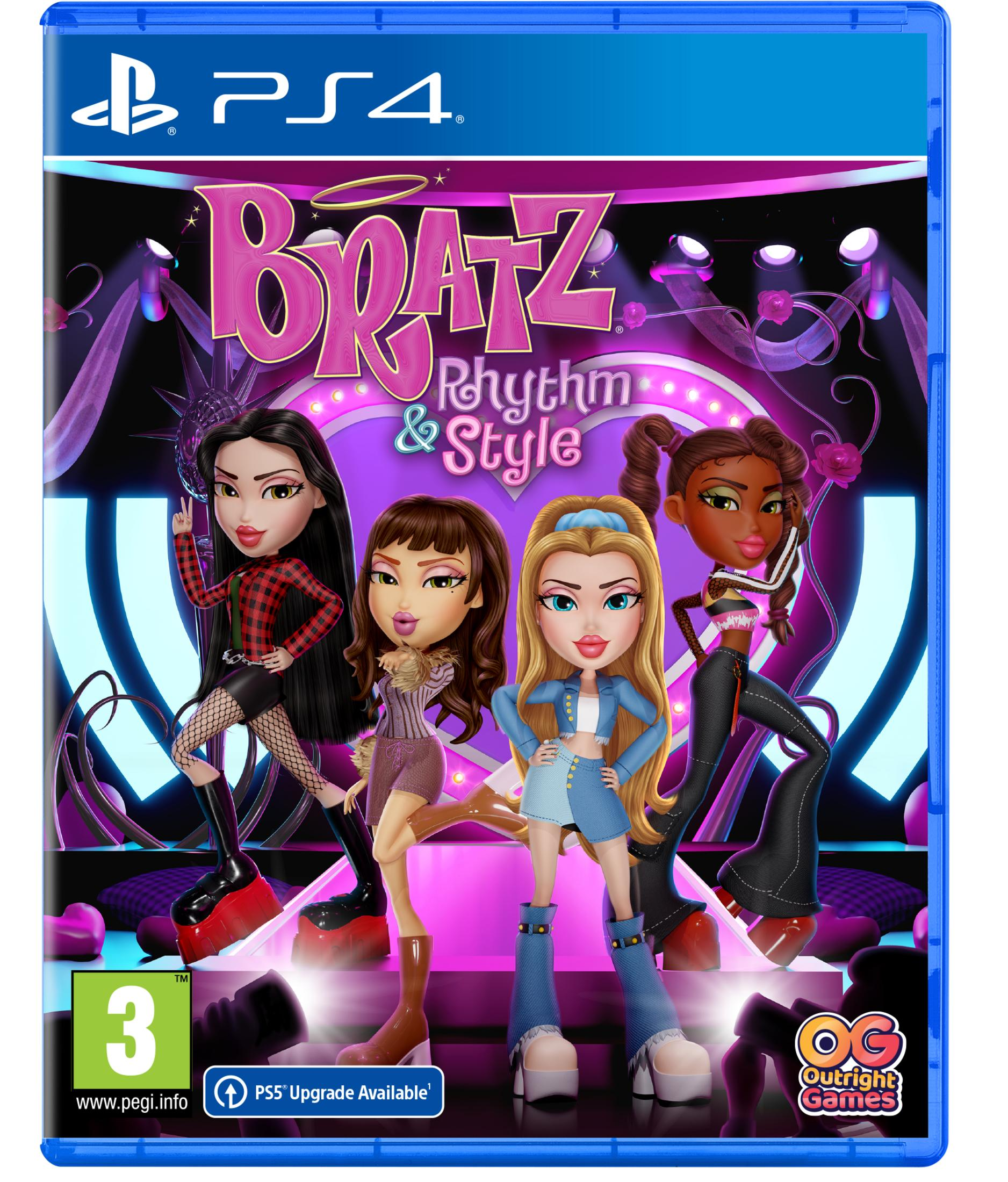 Portada del juego Bratz: Rhythm & Style PS4 con cuatro personajes en un escenario.