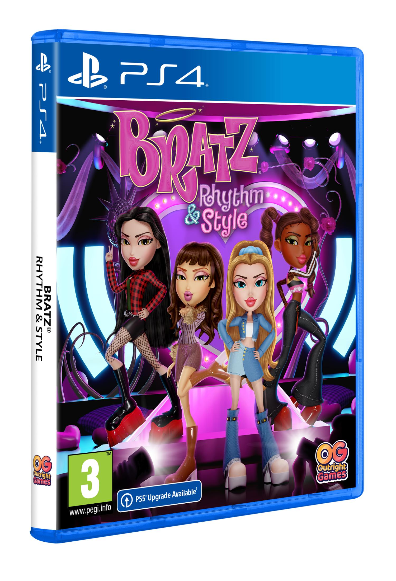 Portada del juego Bratz: Rhythm & Style para PS4 con cuatro personajes y luces de neón.