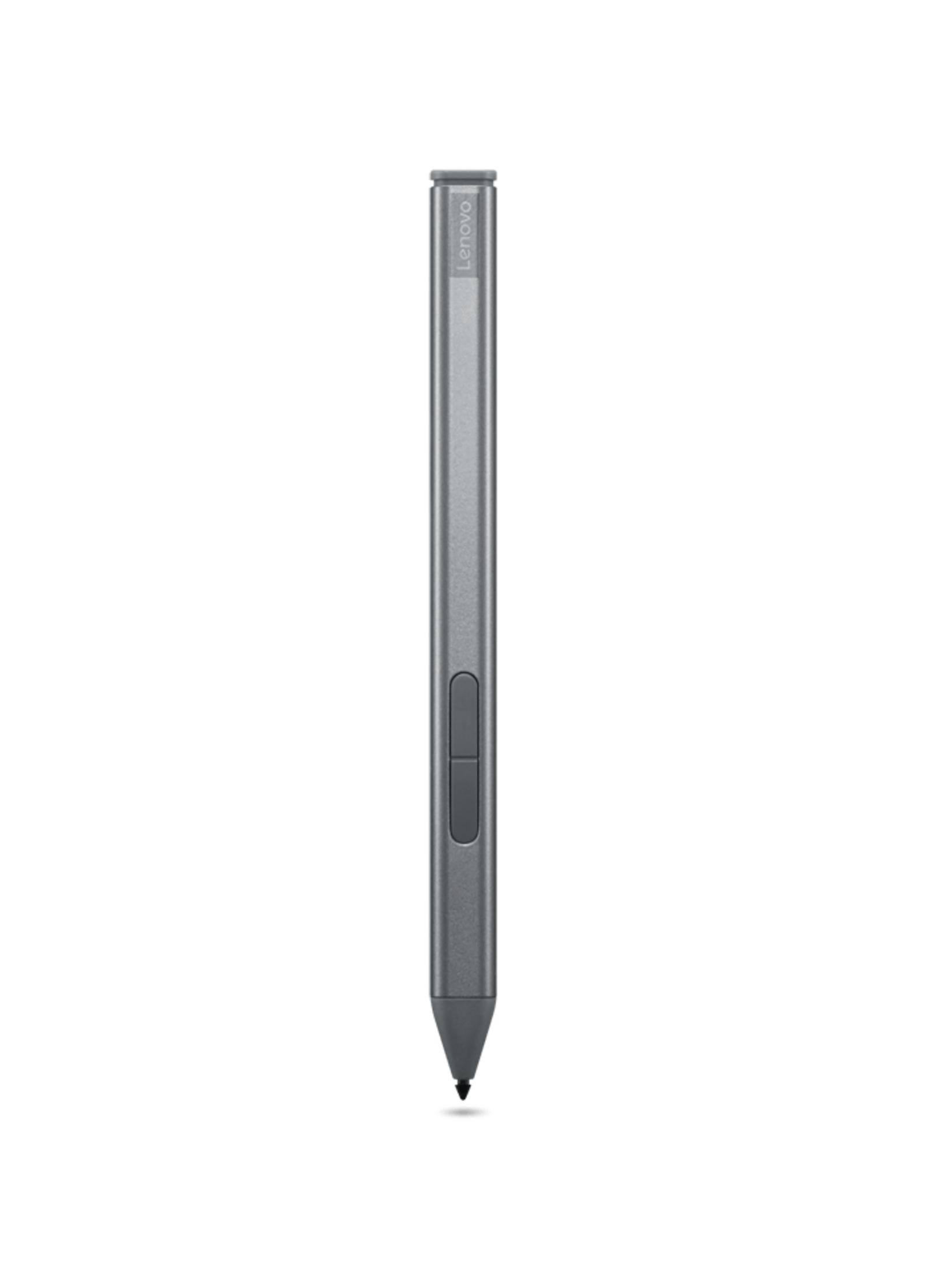 Gray Lenovo stylus with silver buttons on a white background.