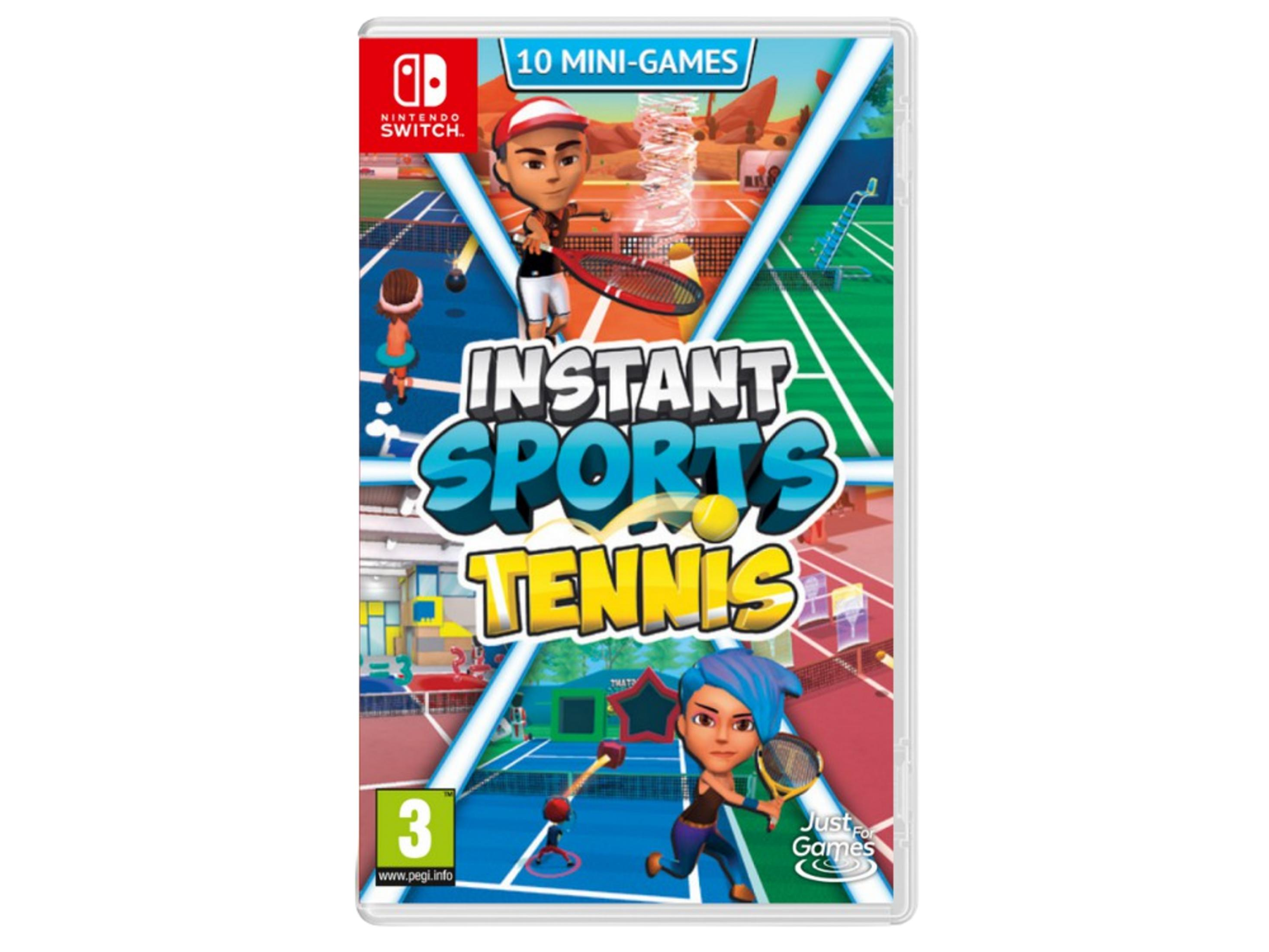 Copertina del gioco Nintendo Switch: Instant Sports Tennis. Personaggi dei cartoni animati giocano a tennis.