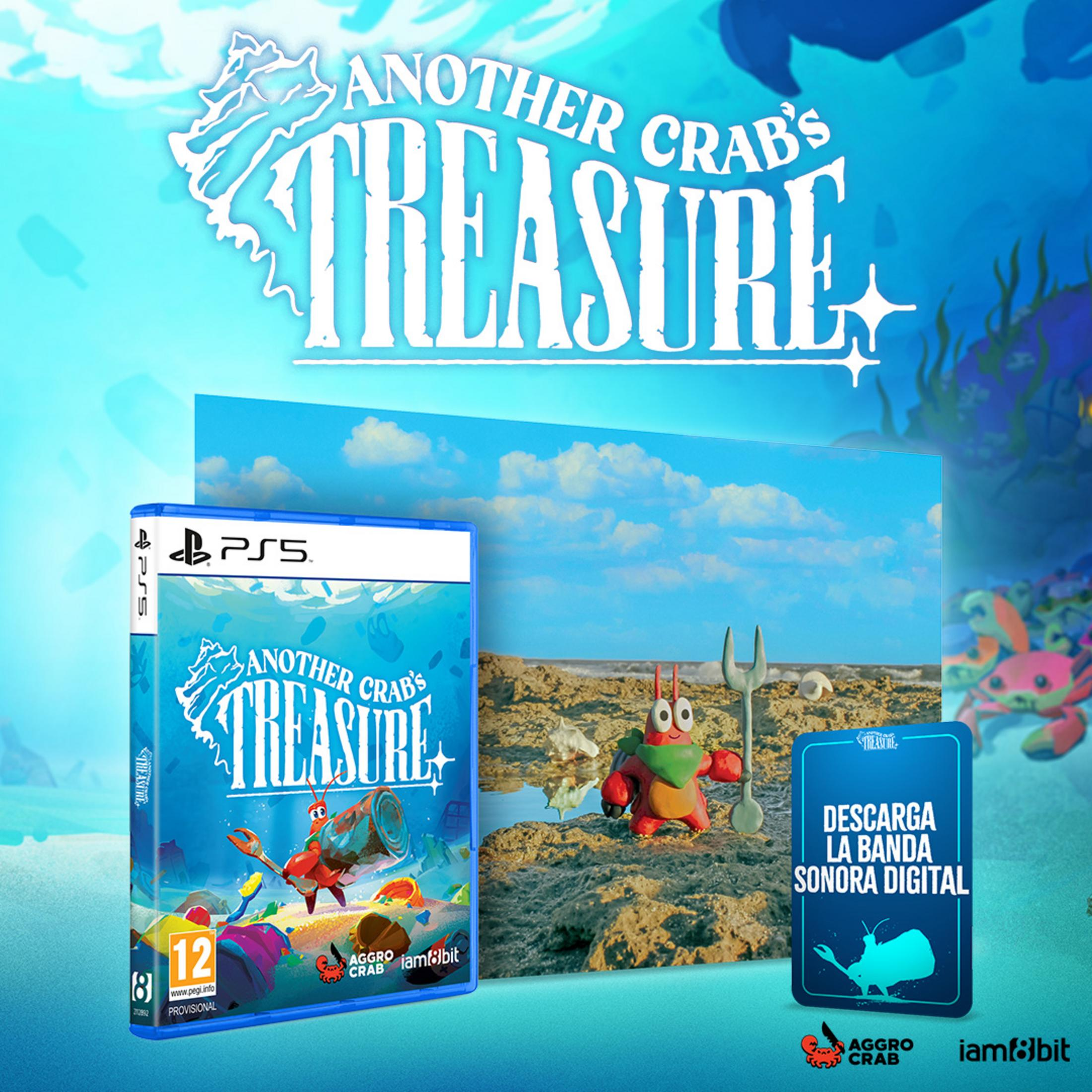 Custodia gioco PS5 e card colonna sonora con motivo di granchio su sabbia.