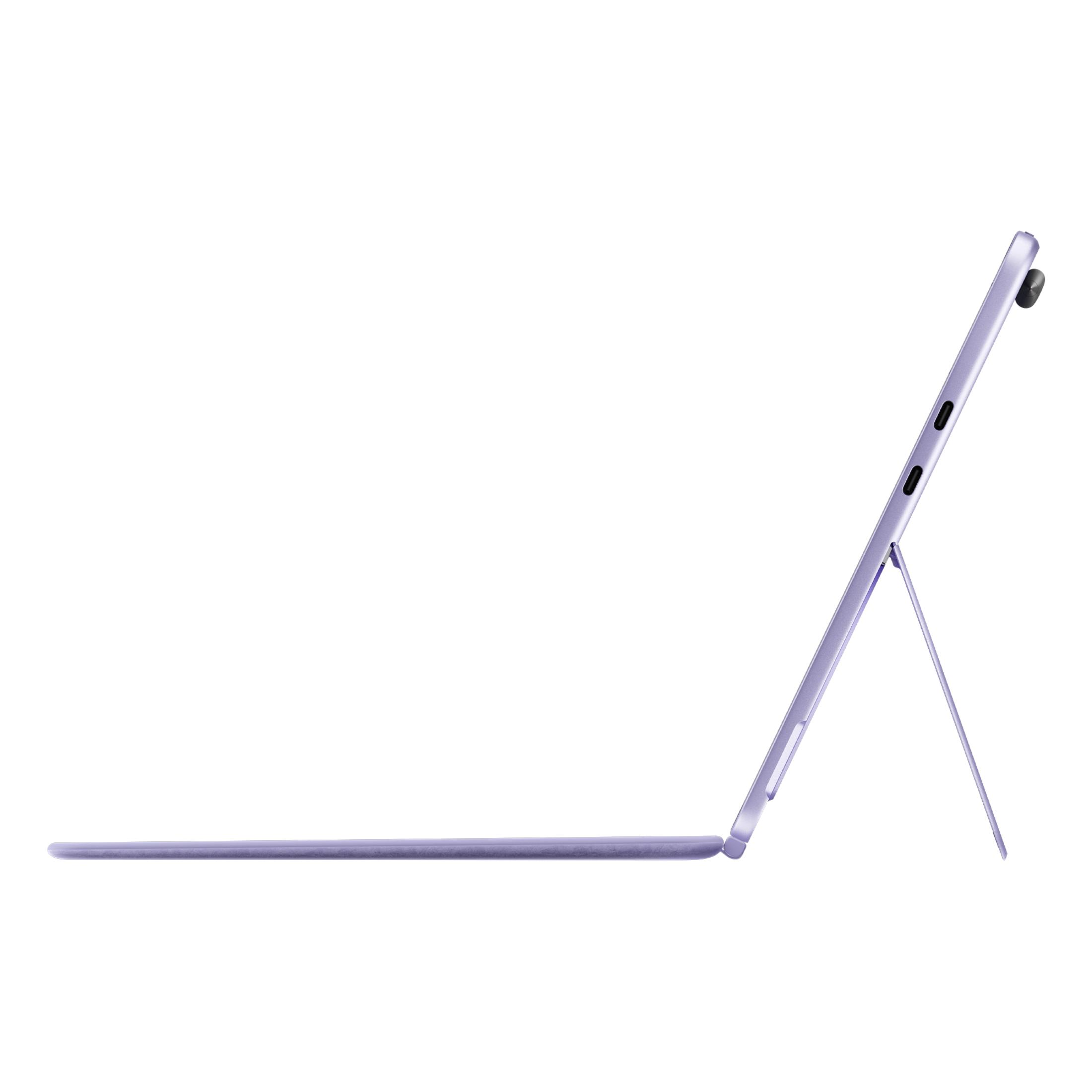 Una tableta morada con soporte se muestra sobre fondo blanco.