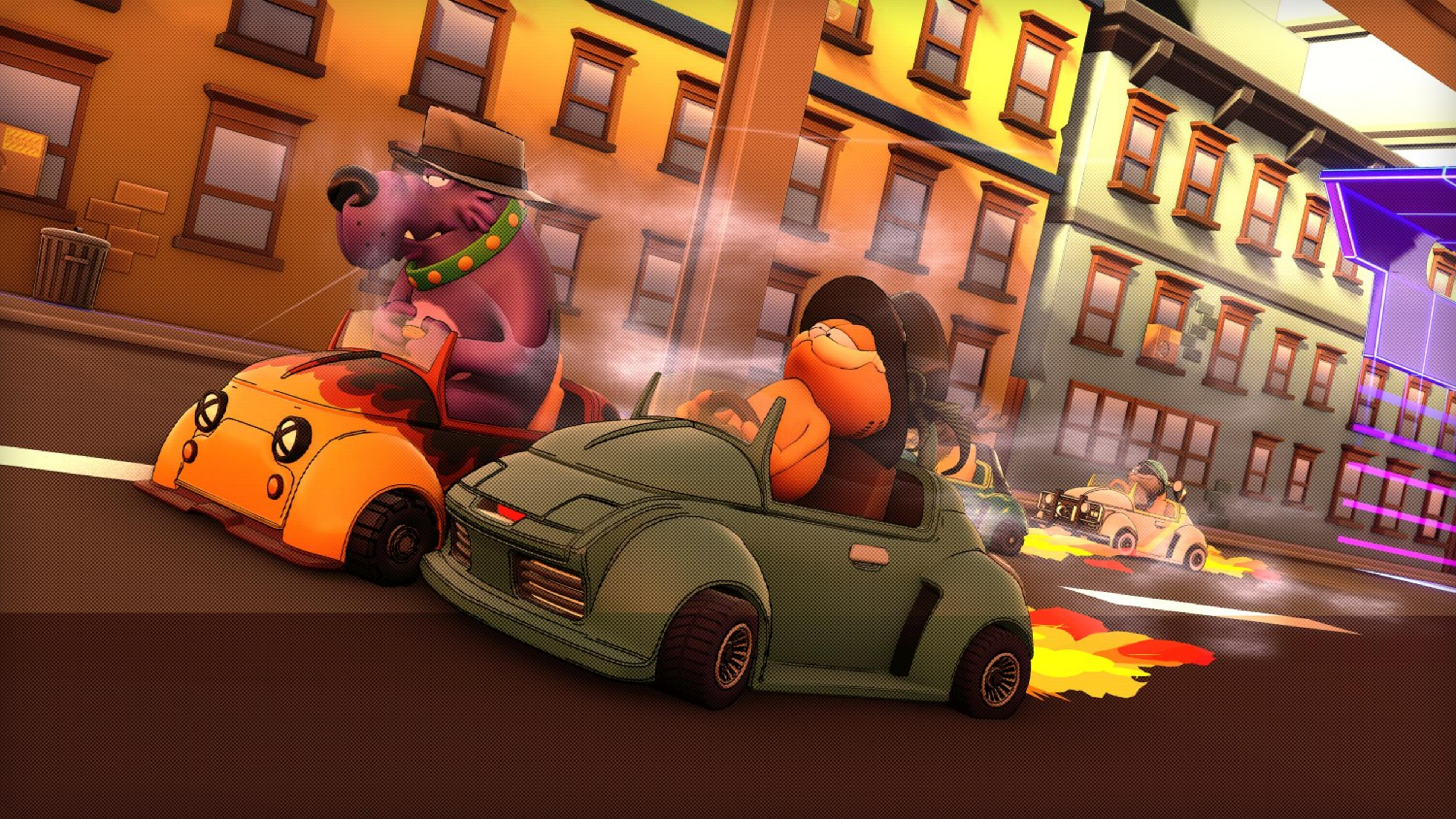Personaggi dei cartoni animati corrono in auto colorate per la città.