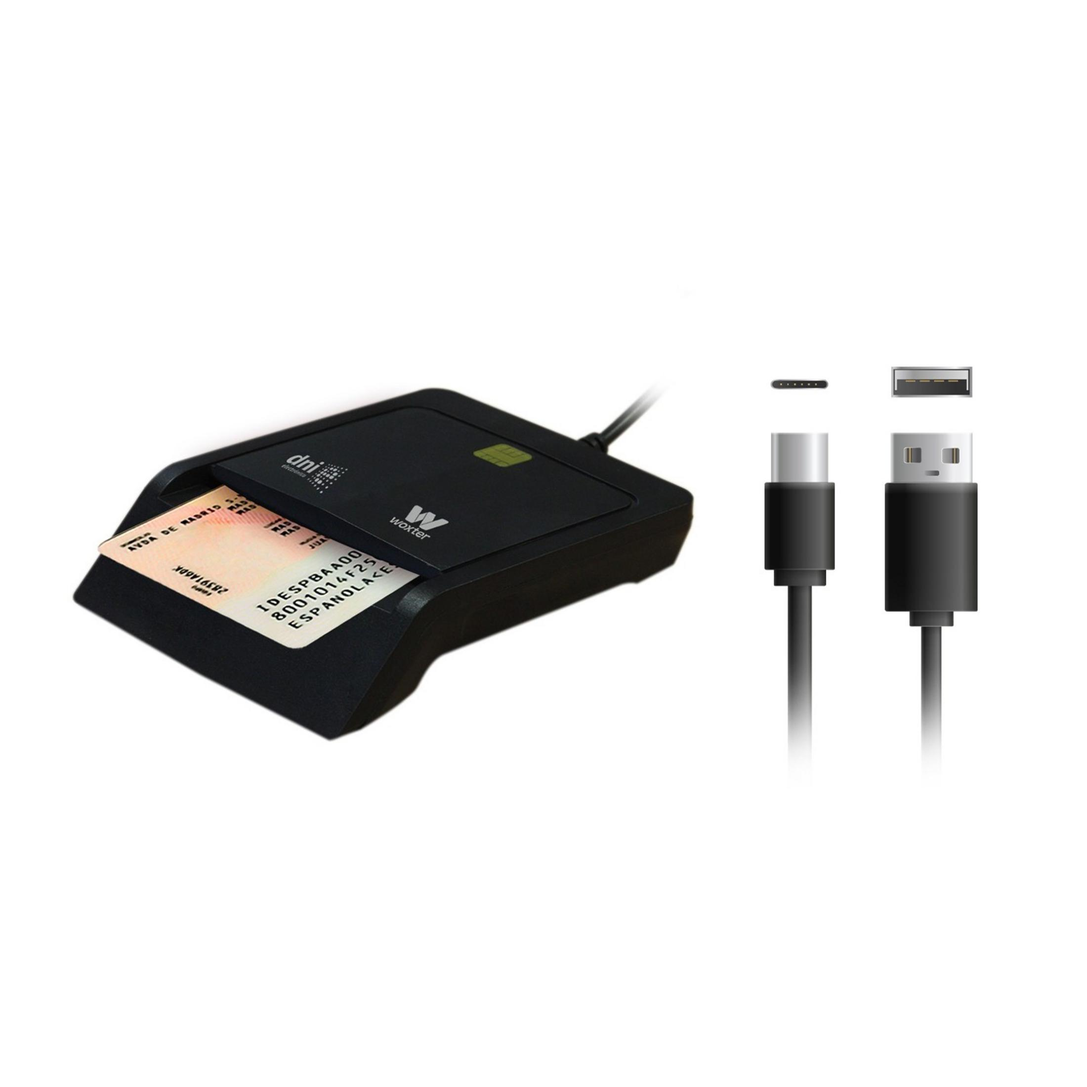 Un lettore di carte nero con una carta d'identità inserita e due cavi USB accanto.
