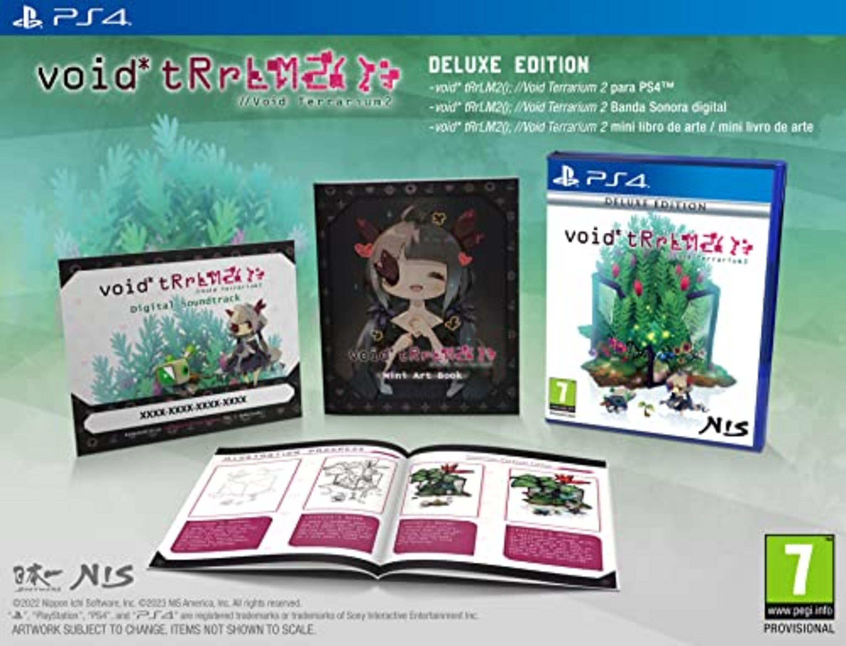 Edición Deluxe PS4 de Void Terrarium 2, mostrando banda sonora, artbook y juego.