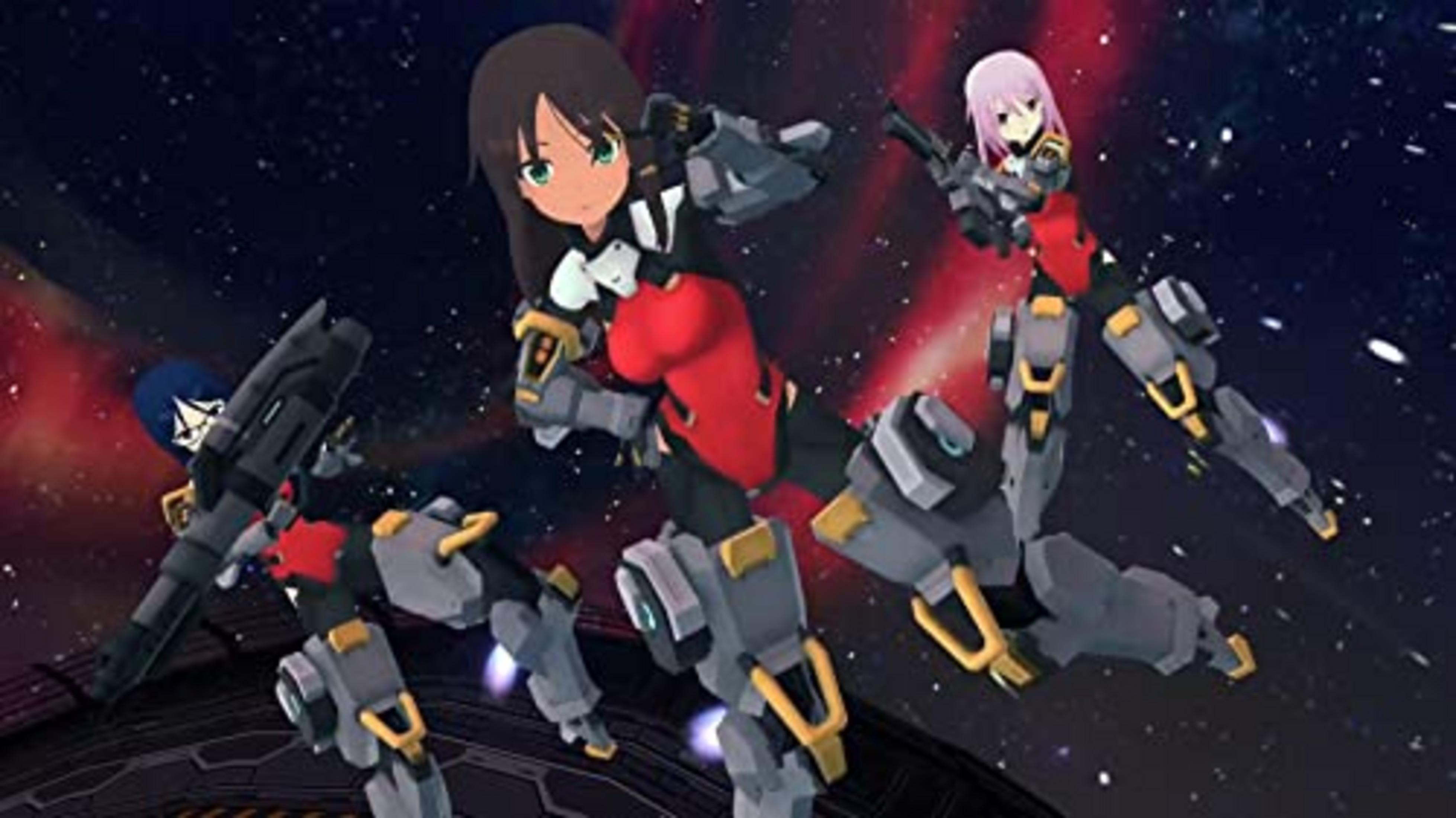 Tre guerriere anime in tute mech con armi in assenza di gravità.