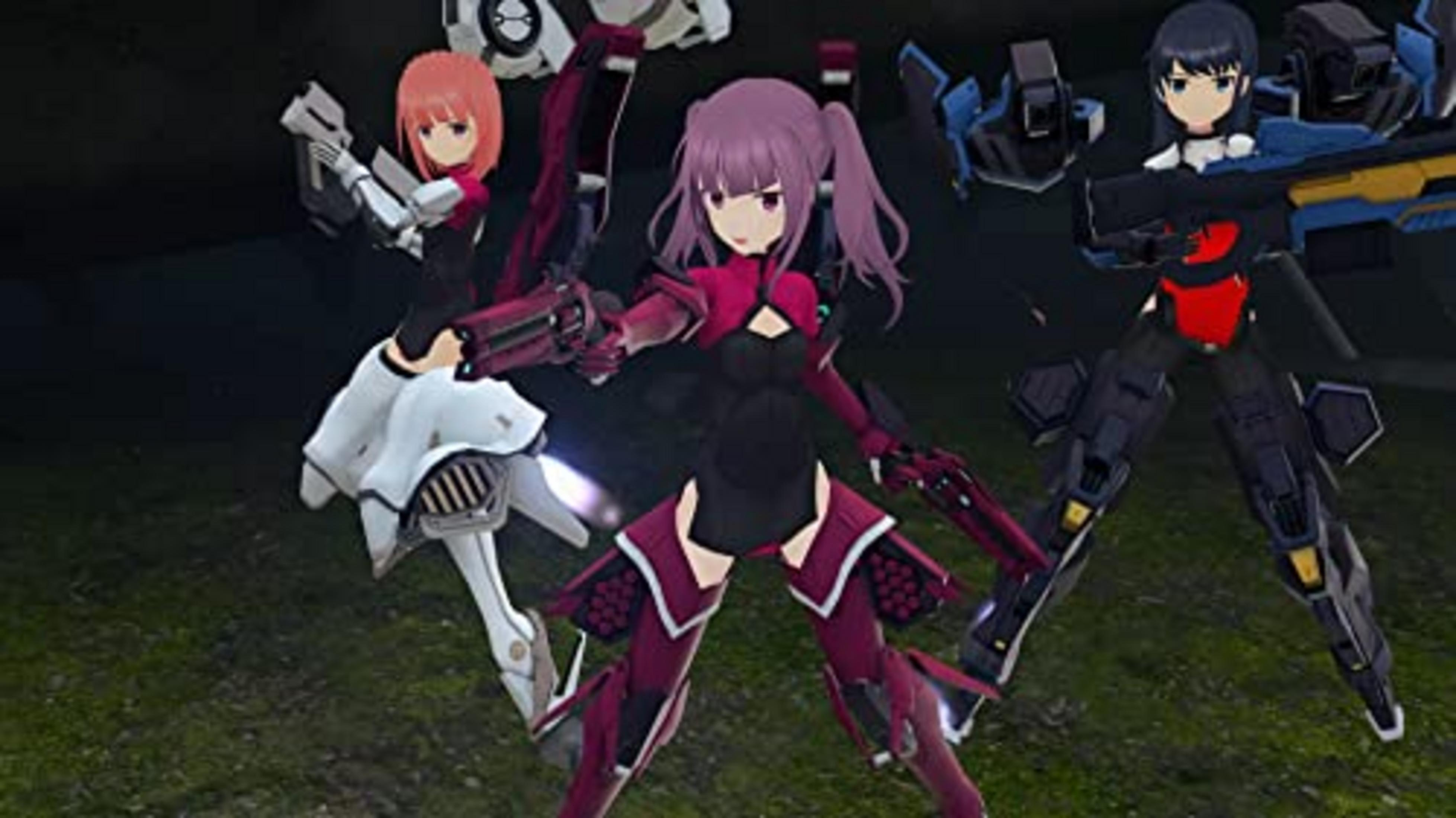 Tre personaggi anime in armatura futuristica con armi in un ambiente erboso.