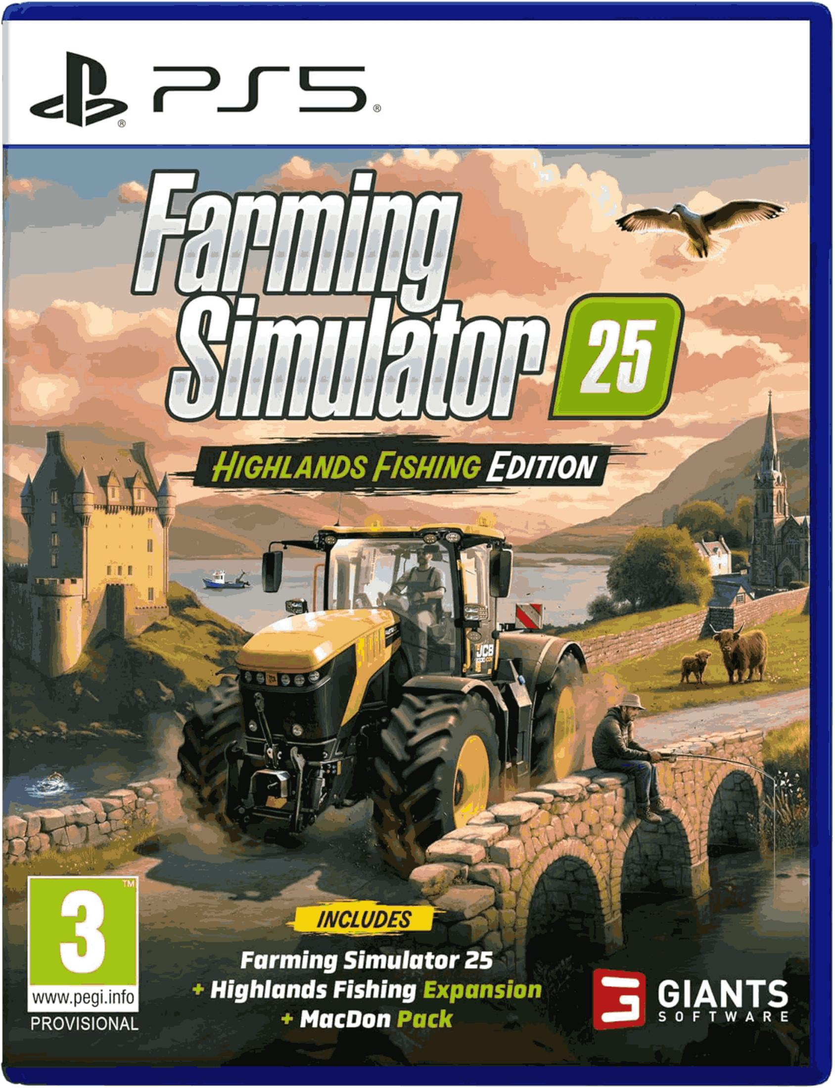 Arte de portada de Farming Simulator 25: Tractor, castillo, pescador, vacas, pájaro, logo PS5.