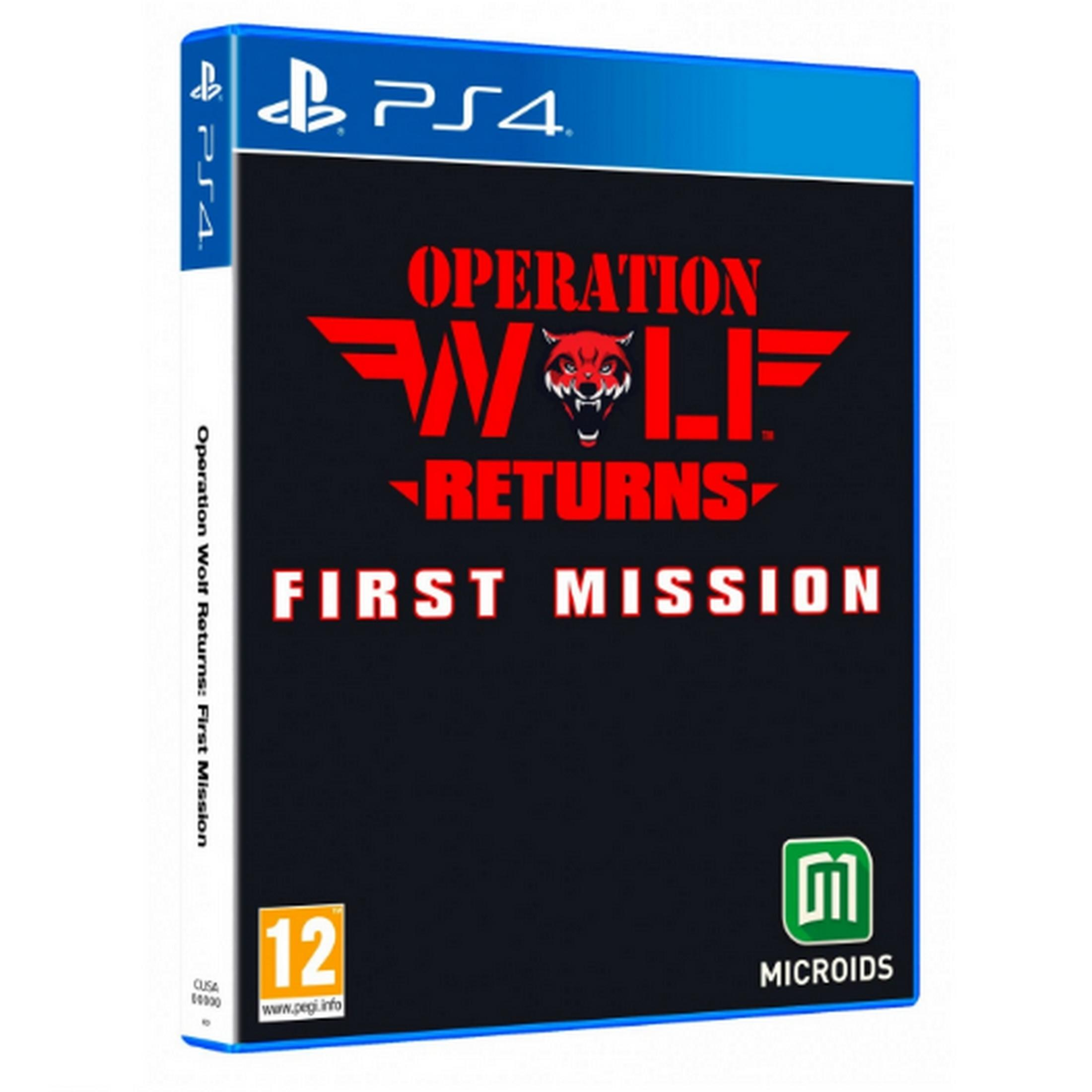 Juego PS4 "Operation Wolf Returns: First Mission". Cabeza de lobo roja y título.