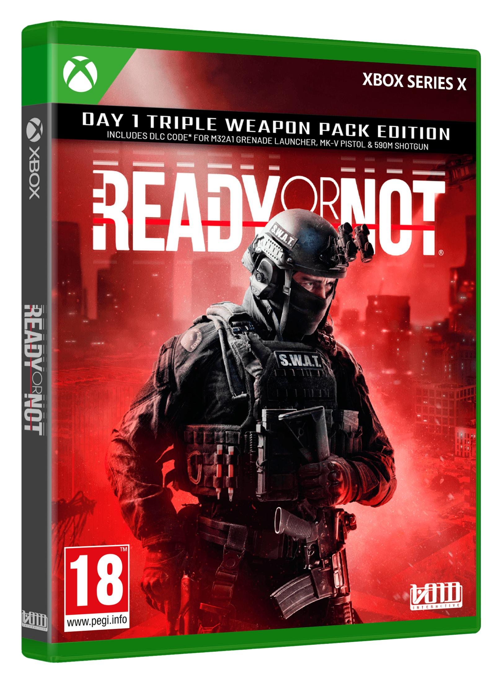 Juego de Xbox "Ready or Not" con oficial SWAT y armas, fondo rojo.