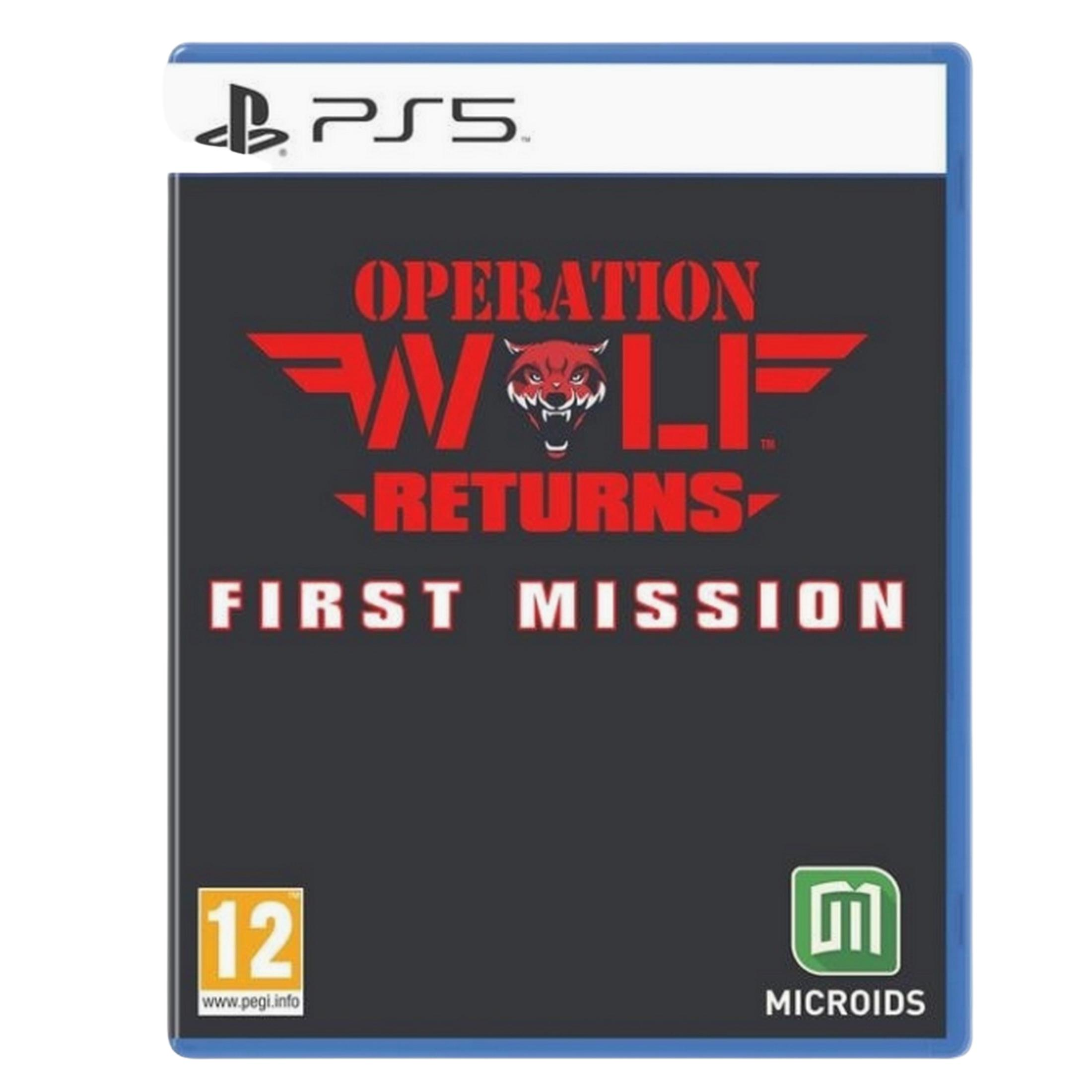 Copertina gioco PS5 Operation Wolf Returns: First Mission, con logo testa di lupo rossa.