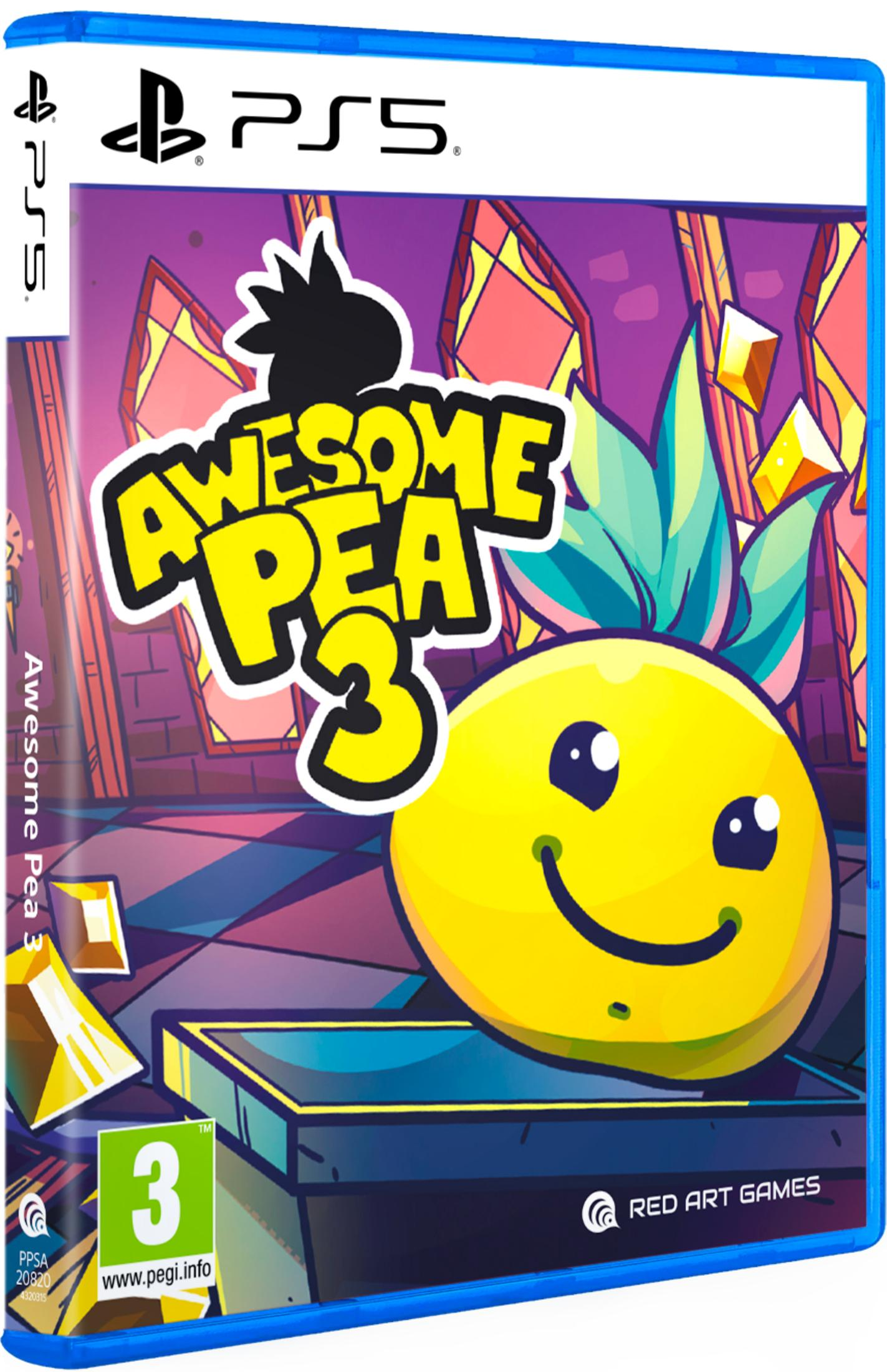 Portada del juego de PS5 "Awesome Pea 3" con un personaje de guisante amarillo y el título.