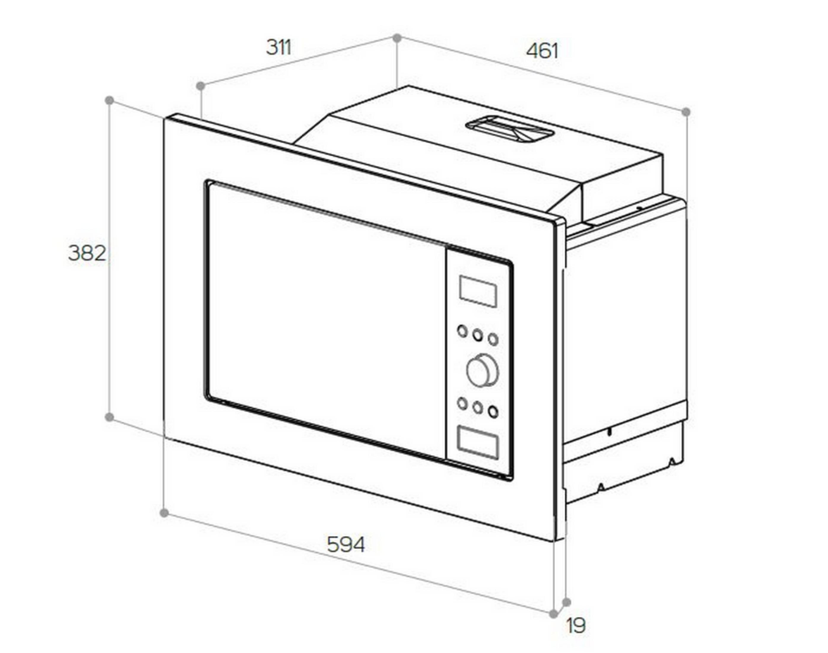 Dibujo técnico de un horno microondas empotrado con dimensiones.