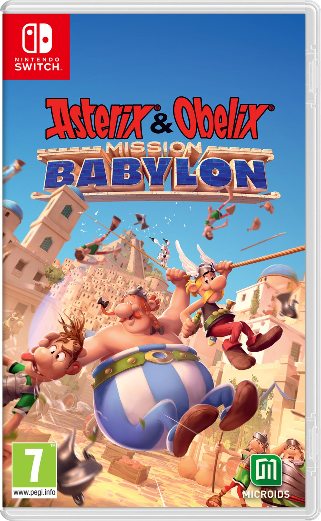 Copertina Nintendo Switch di Asterix & Obelix: Mission Babylon. Personaggi che saltano.