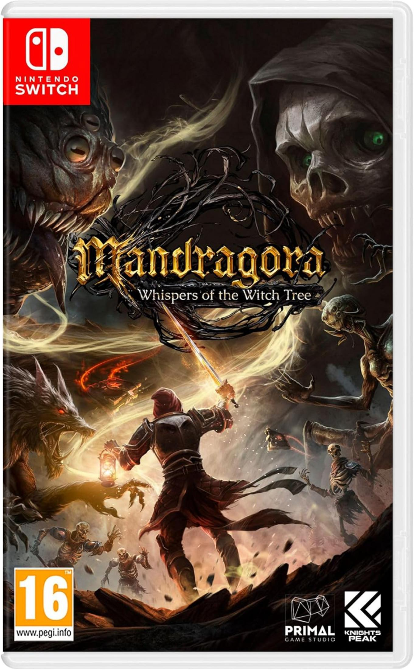 Portada de juego de fantasía con guerrero, monstruos y esqueletos. Logo Nintendo Switch.