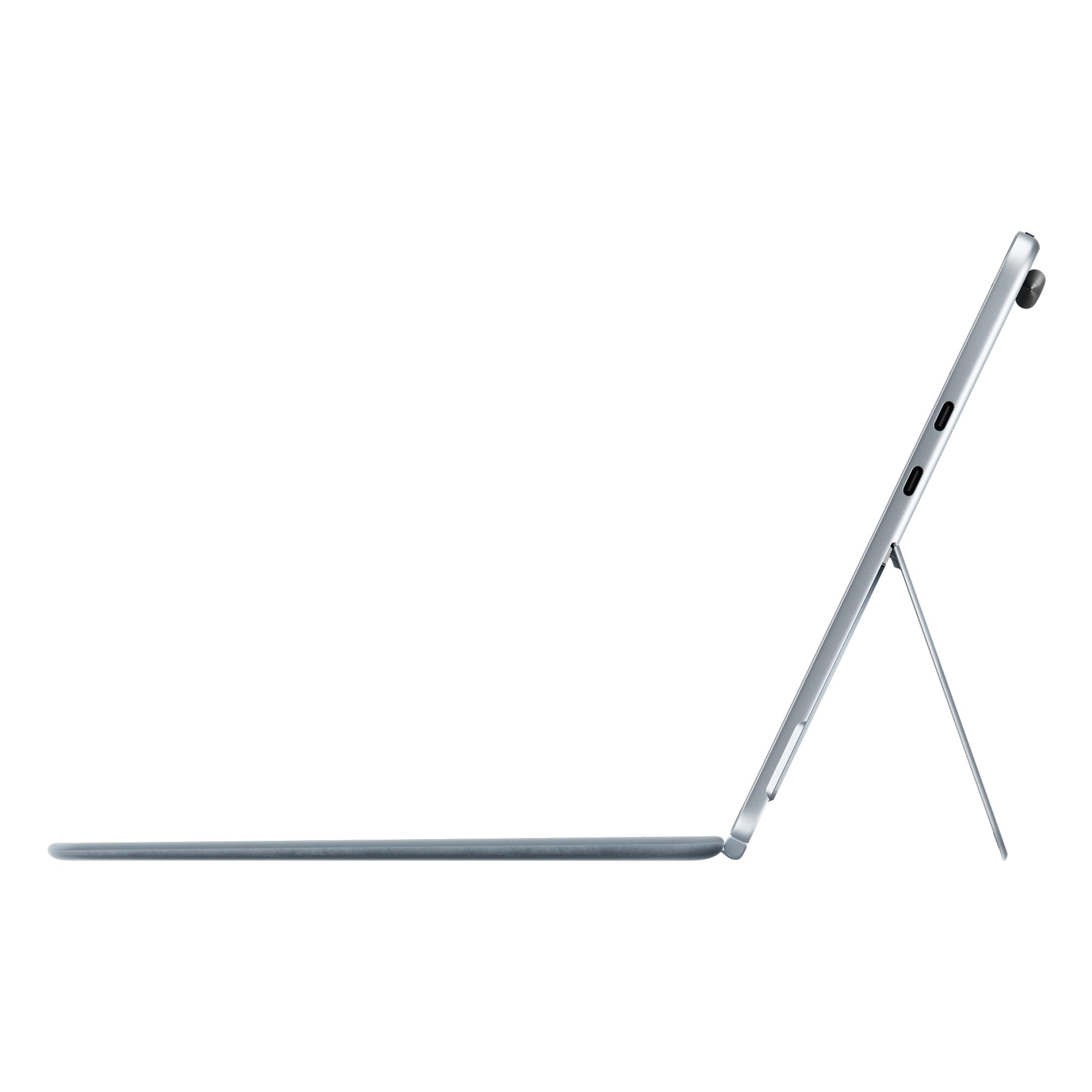 Un tablet argentato con cavalletto e connettore per stilo.