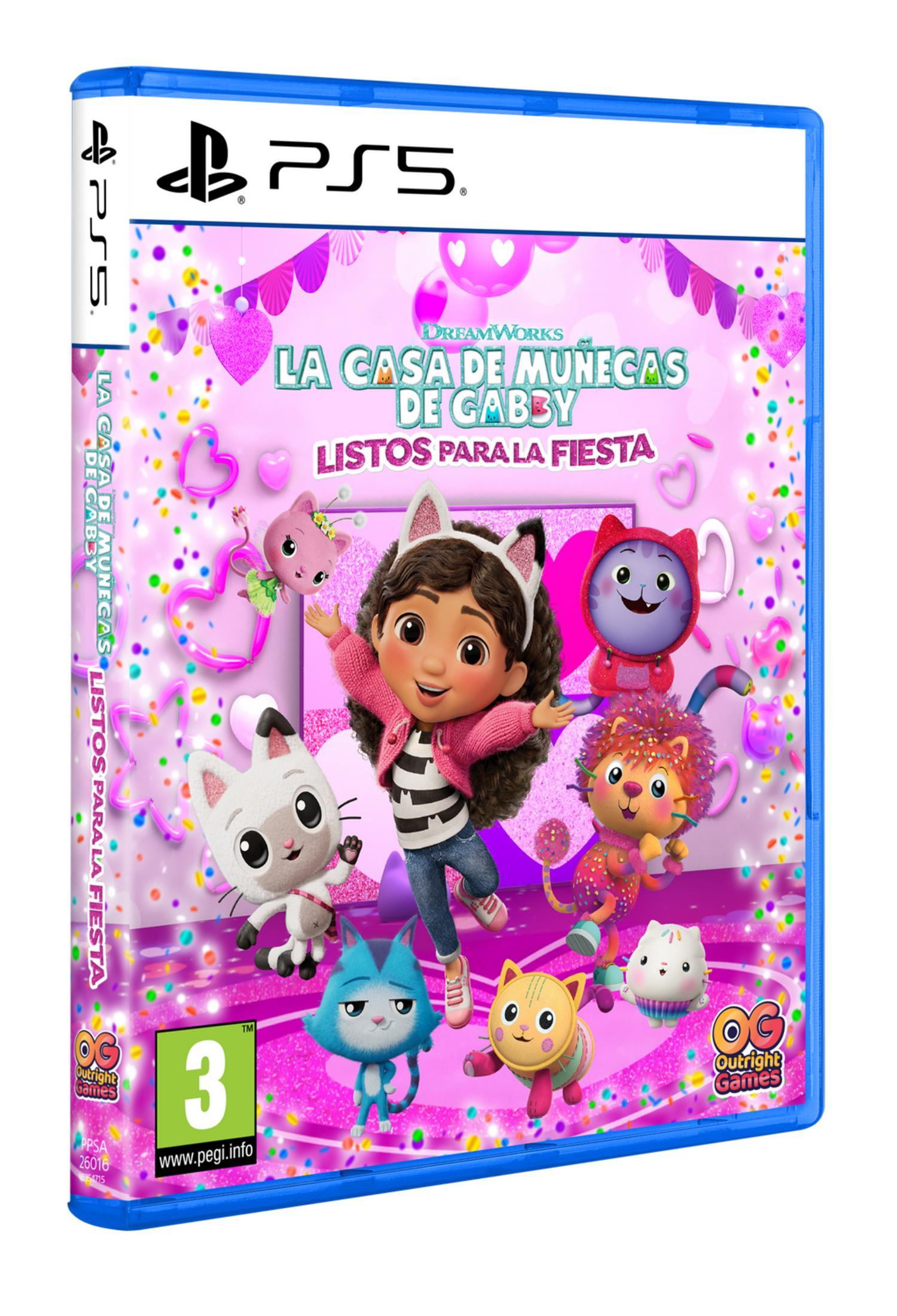 Caja de juego PS5 con Gabby y amigos gatos sobre un fondo de fiesta rosa.