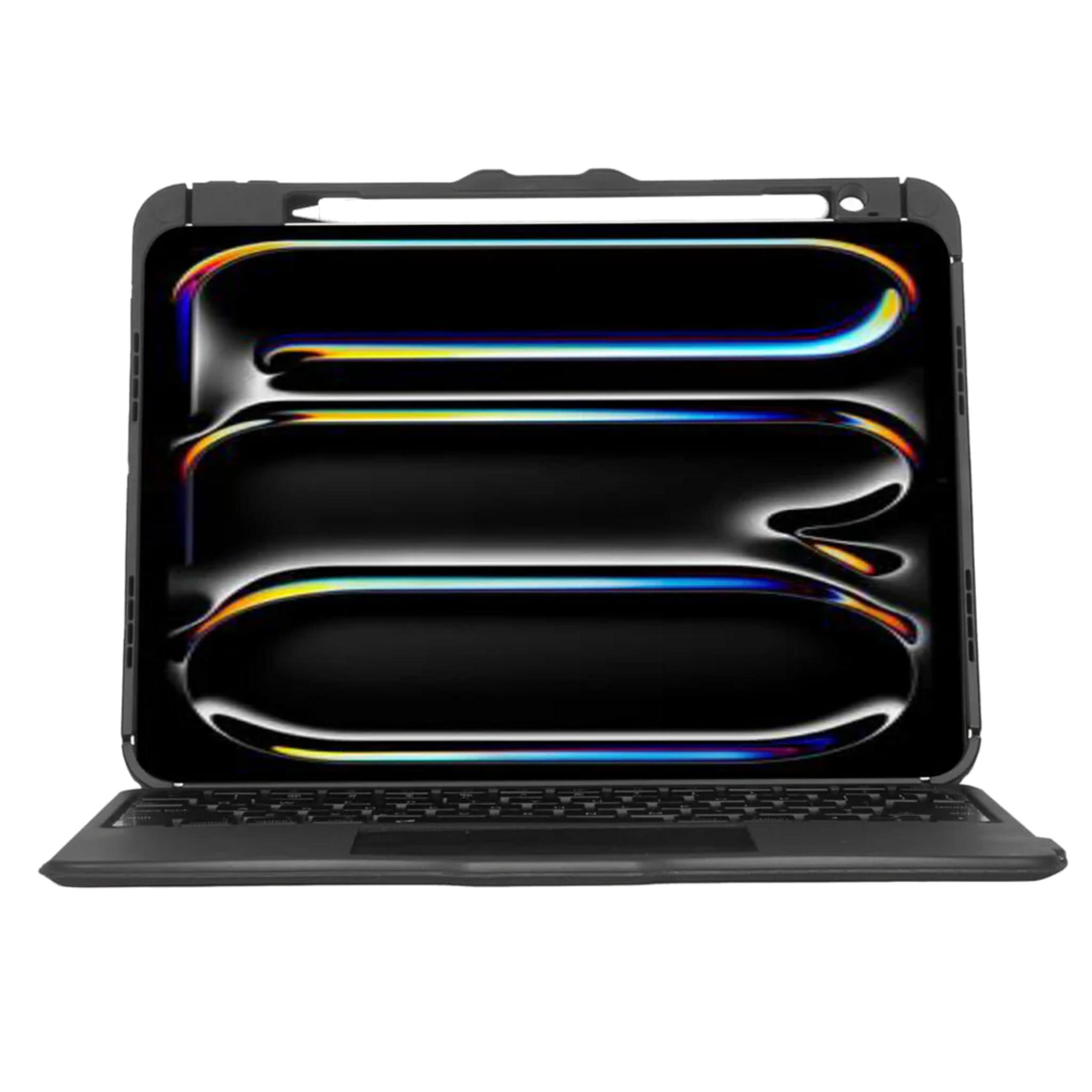 Un tablet nero con tastiera e stilo. Lo schermo mostra linee colorate.