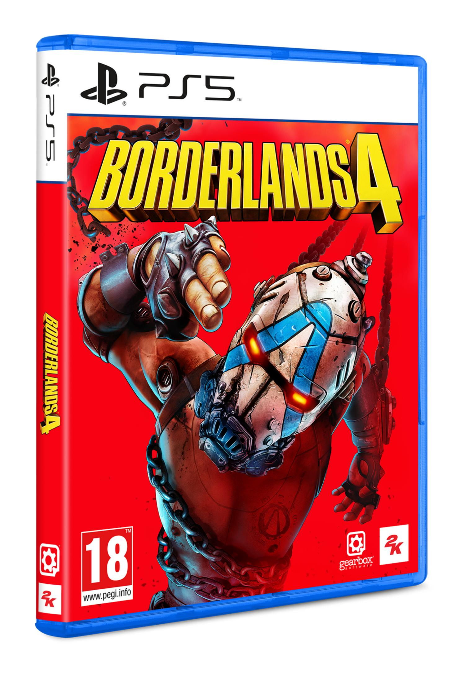 Custodia PS5 Borderlands 4 con personaggio e catena su sfondo rosso.