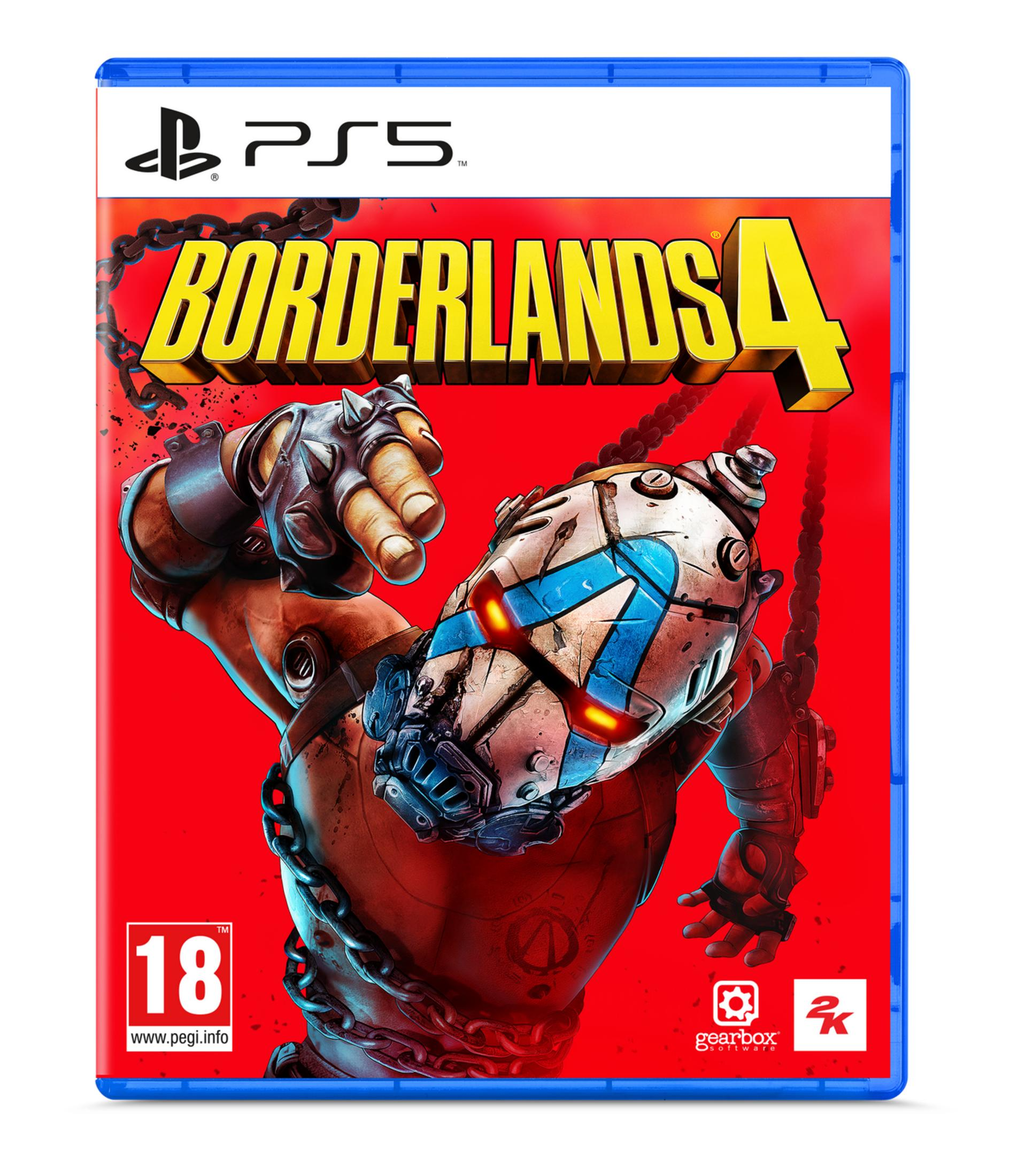 Copertina del gioco PlayStation 5 Borderlands 4 con torso e testa corazzati di un personaggio.