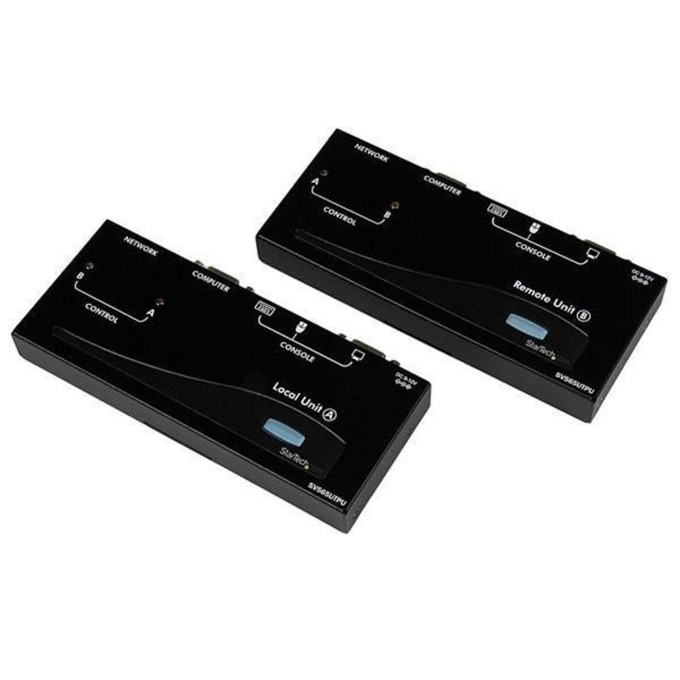 Twee zwarte KVM-units, lokale en externe units A en B.