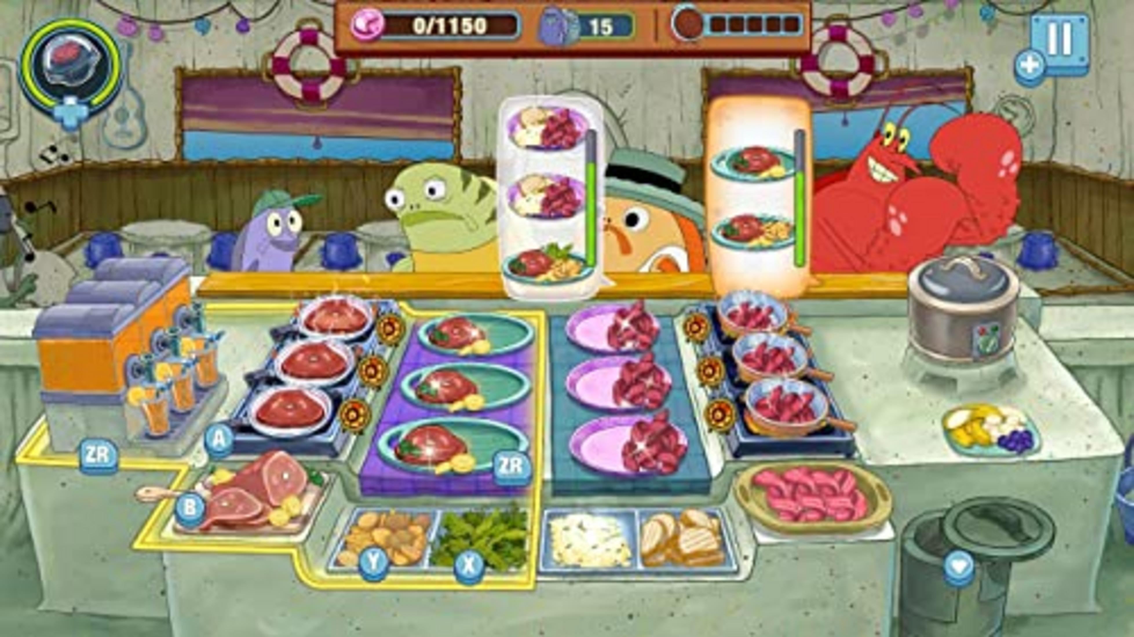 Mostra una scena di gioco di cucina con personaggi dei cartoni animati e cibo preparato.
