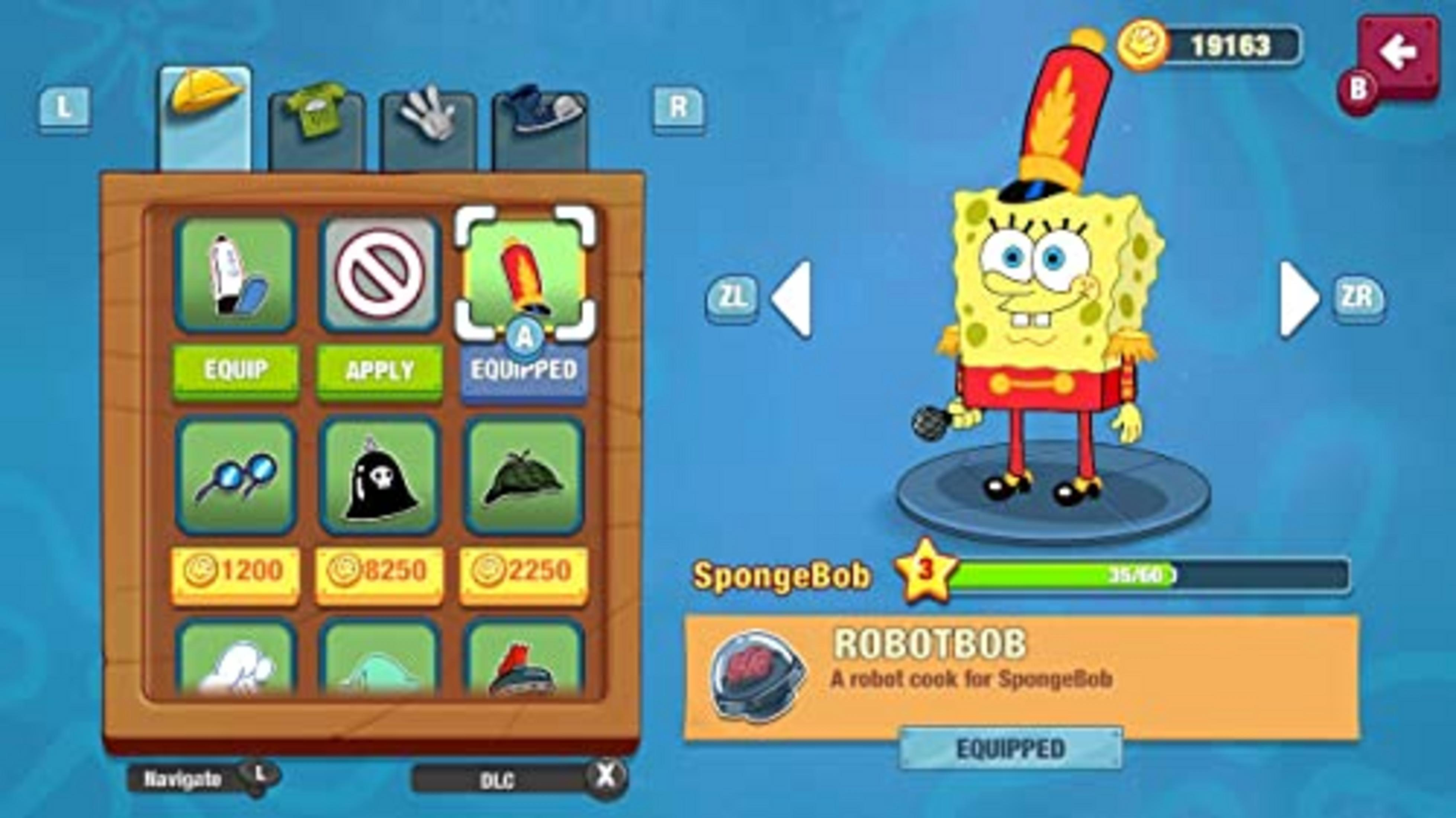 SpongeBob in tenuta da banda musicale con menu di personalizzazione.