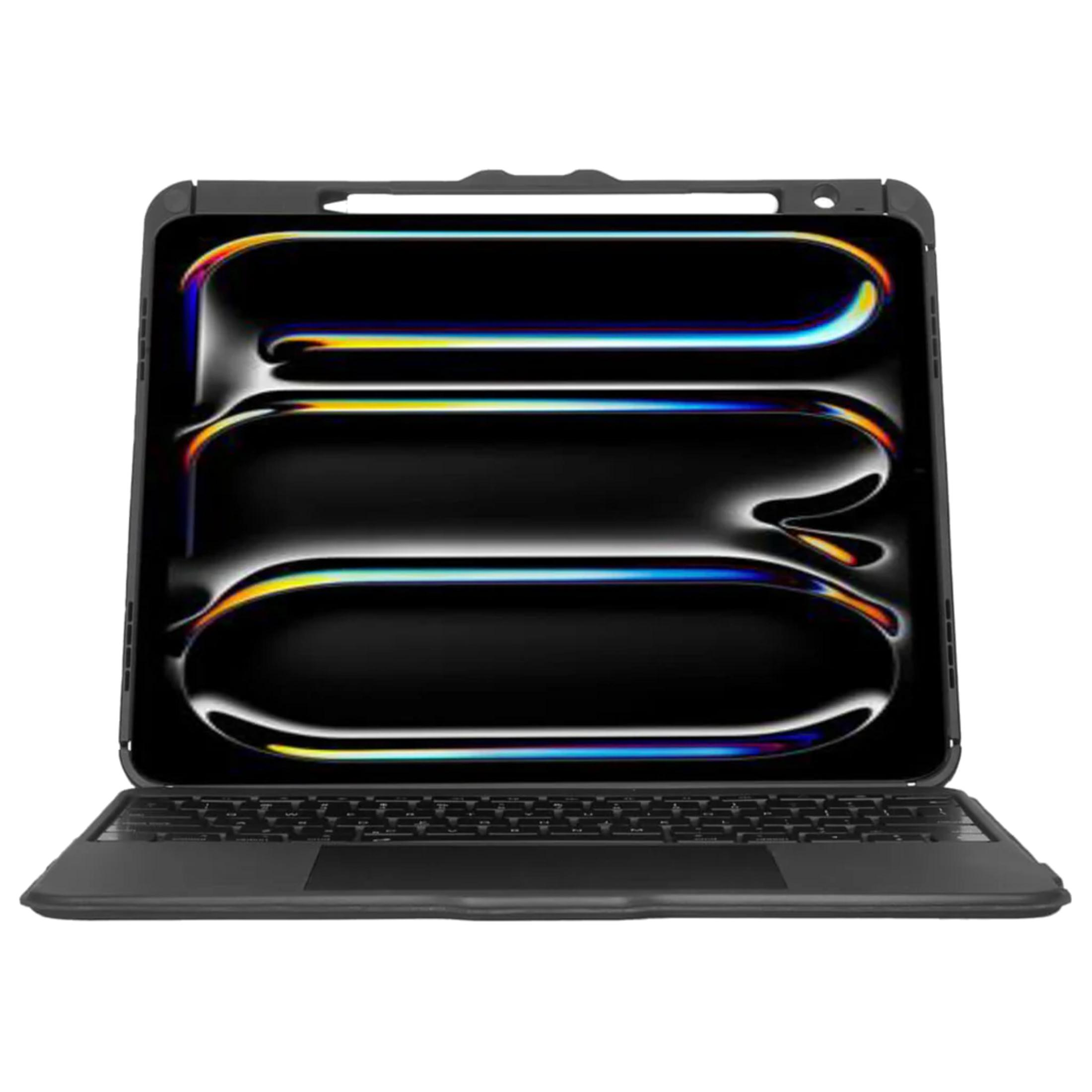 Un tablet nero con tastiera e sfondo sfumato astratto.