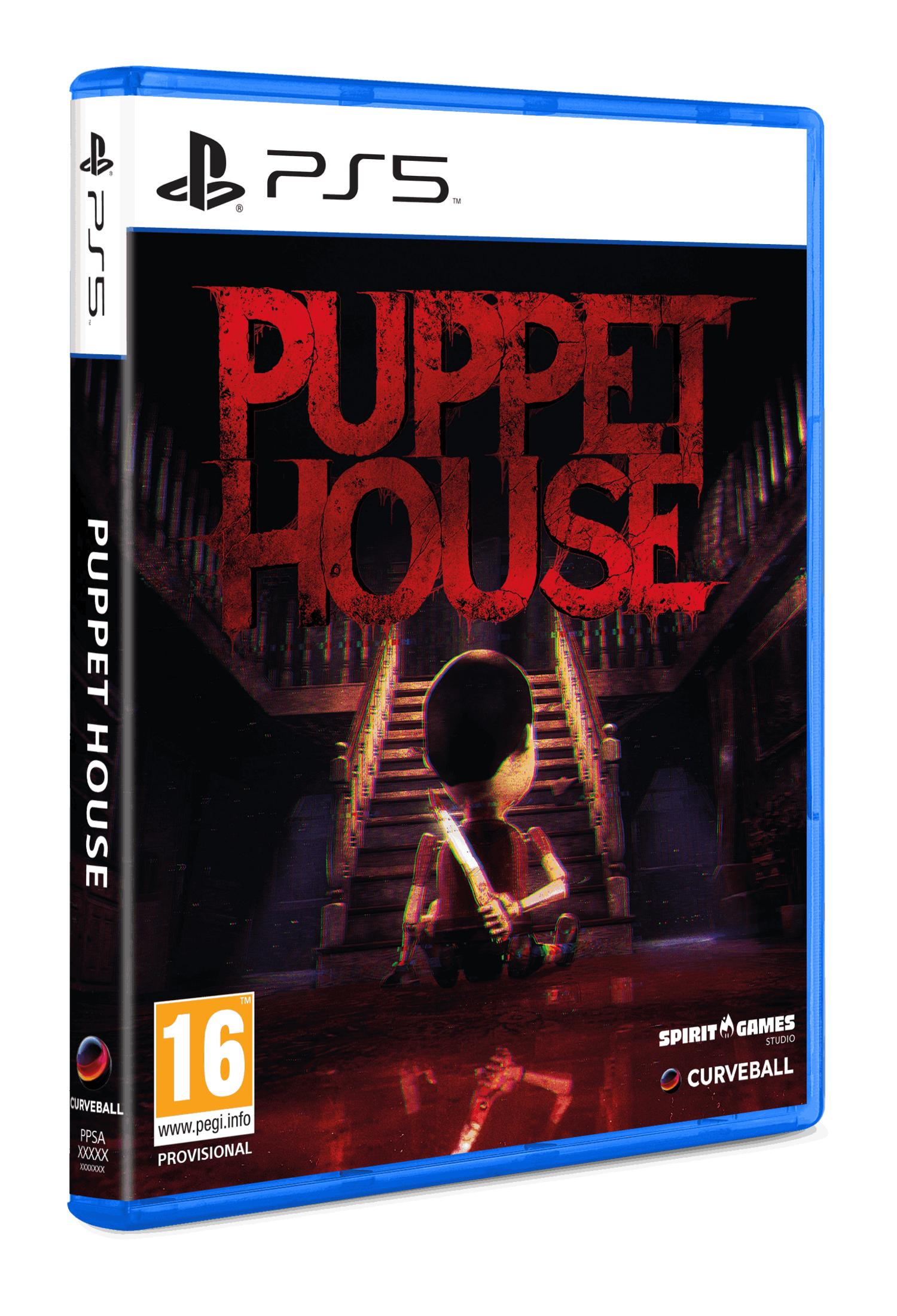 Custodia gioco PS5 'Puppet House' con figura spettrale davanti a scale.