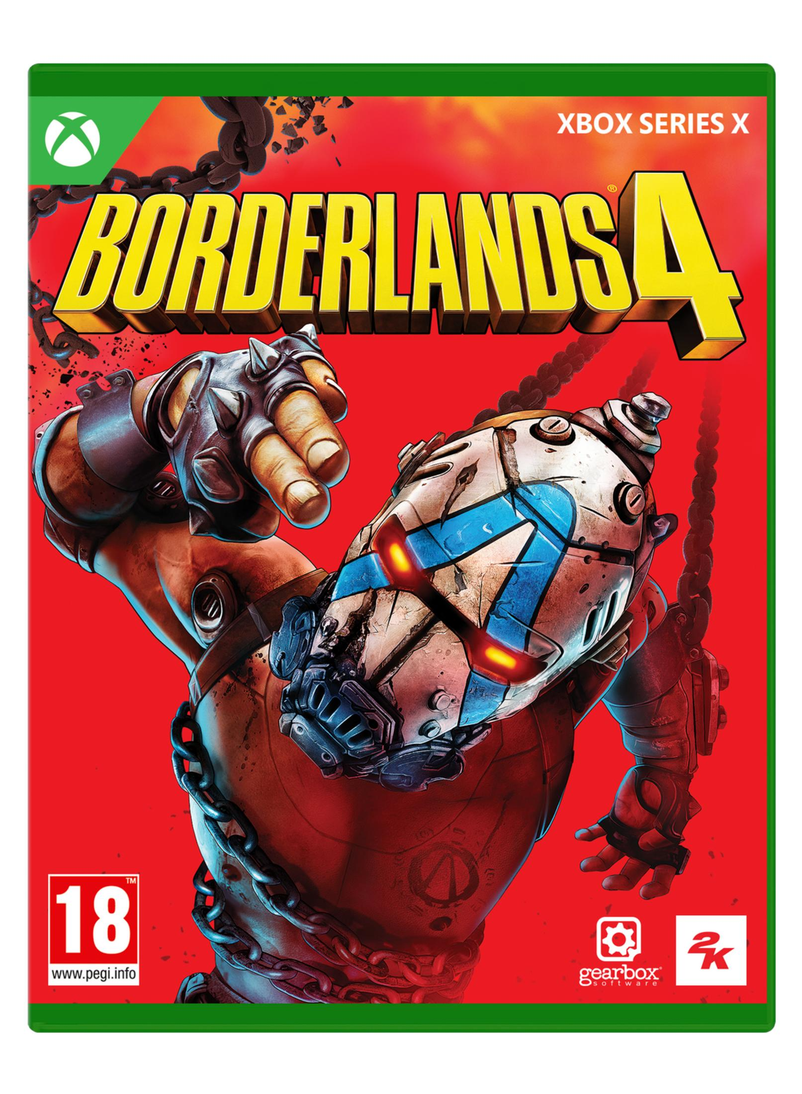 Portada del juego Borderlands 4 Xbox Series X con personaje y cadenas sobre fondo rojo.
