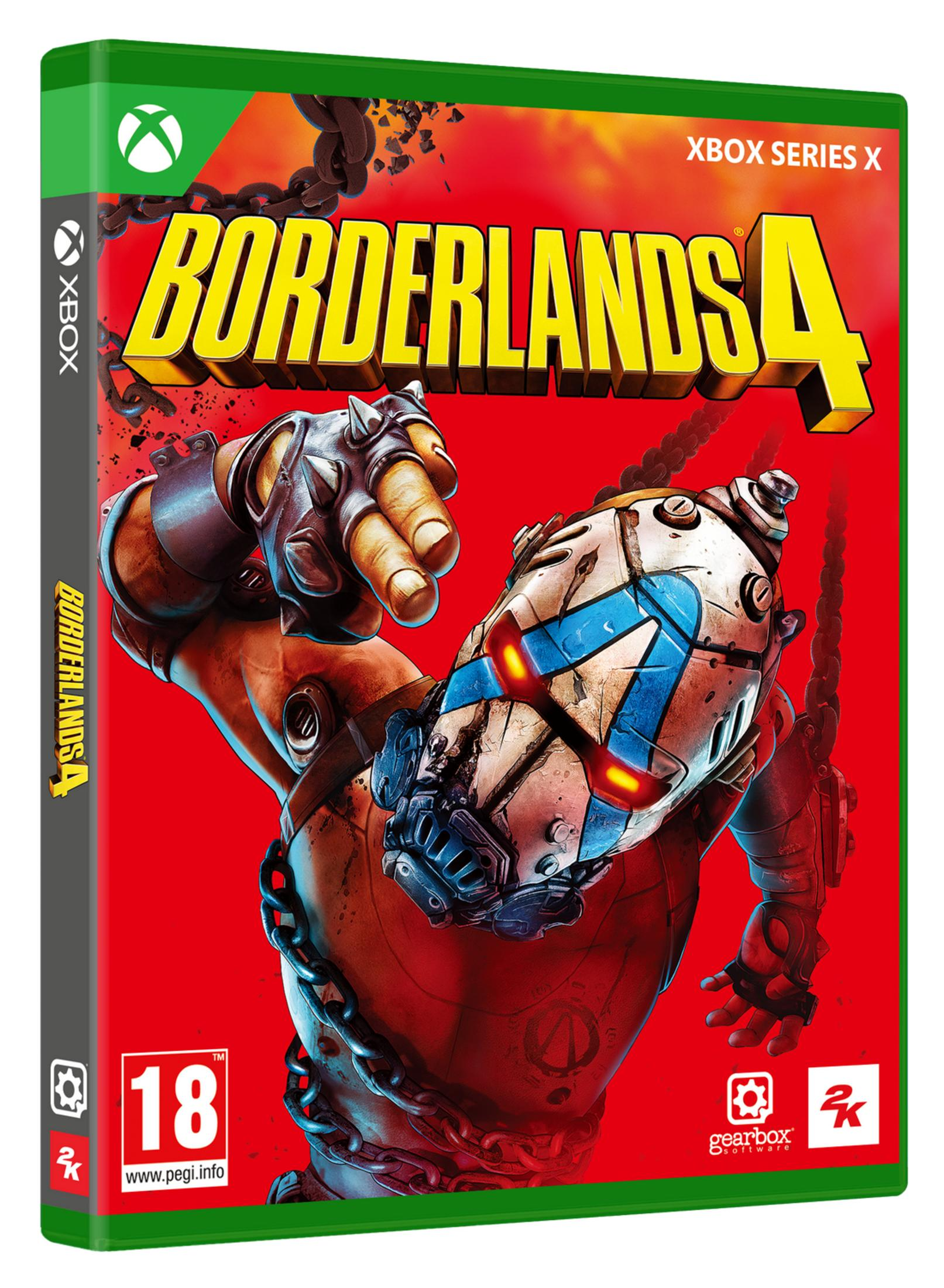 Funda de Borderlands 4 Xbox Series X con brazo robótico y cadenas sobre fondo rojo.