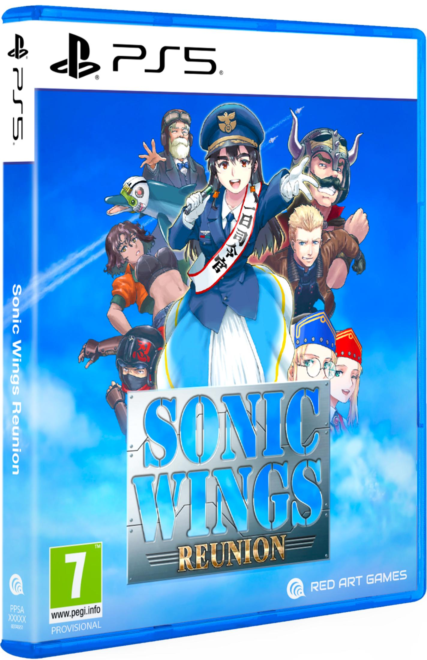 Copertina PS5 "Sonic Wings Reunion" con personaggi anime e aerei nel cielo.