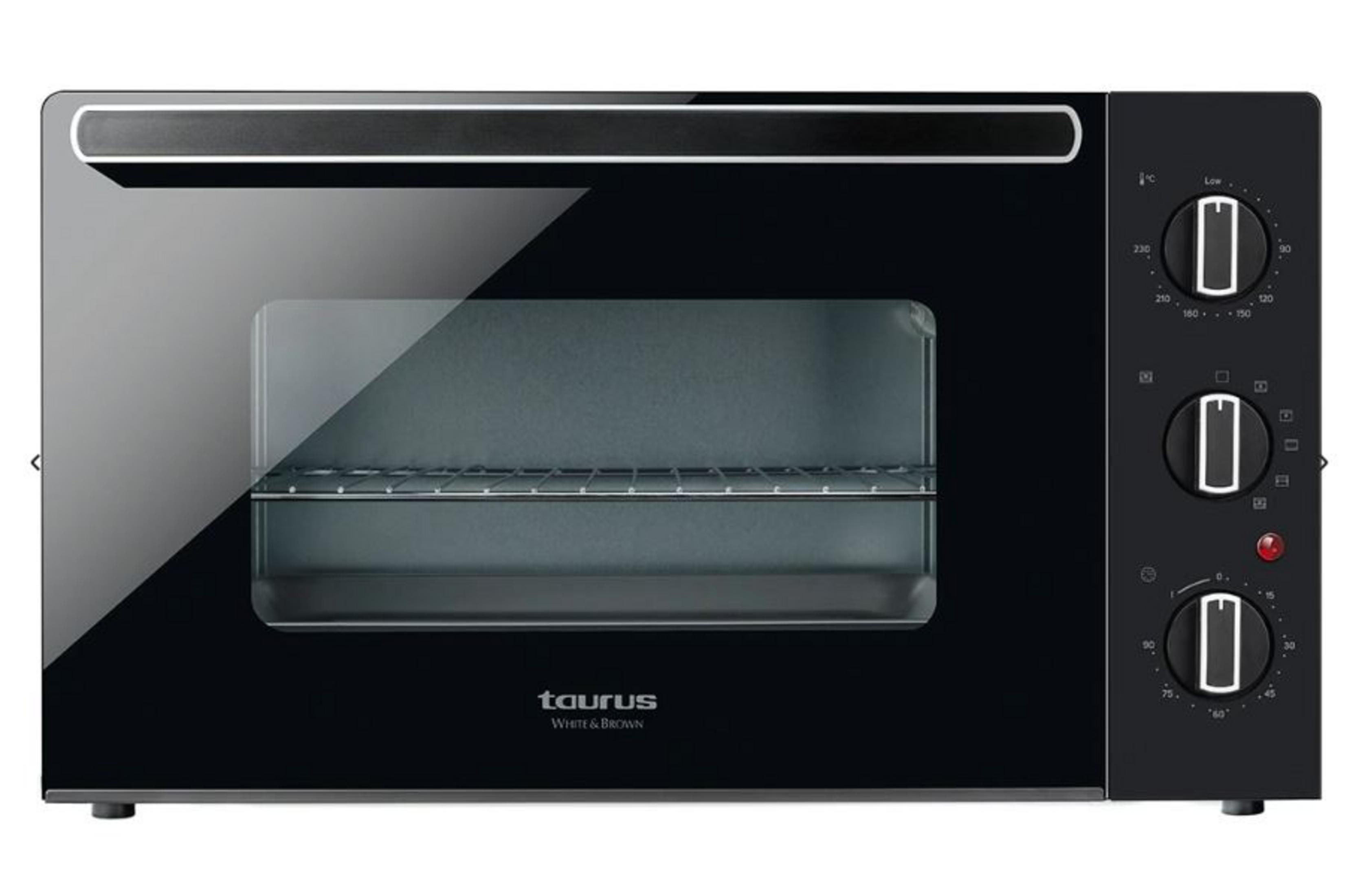 Un forno nero Taurus da banco con porta in vetro e tre manopole di controllo.