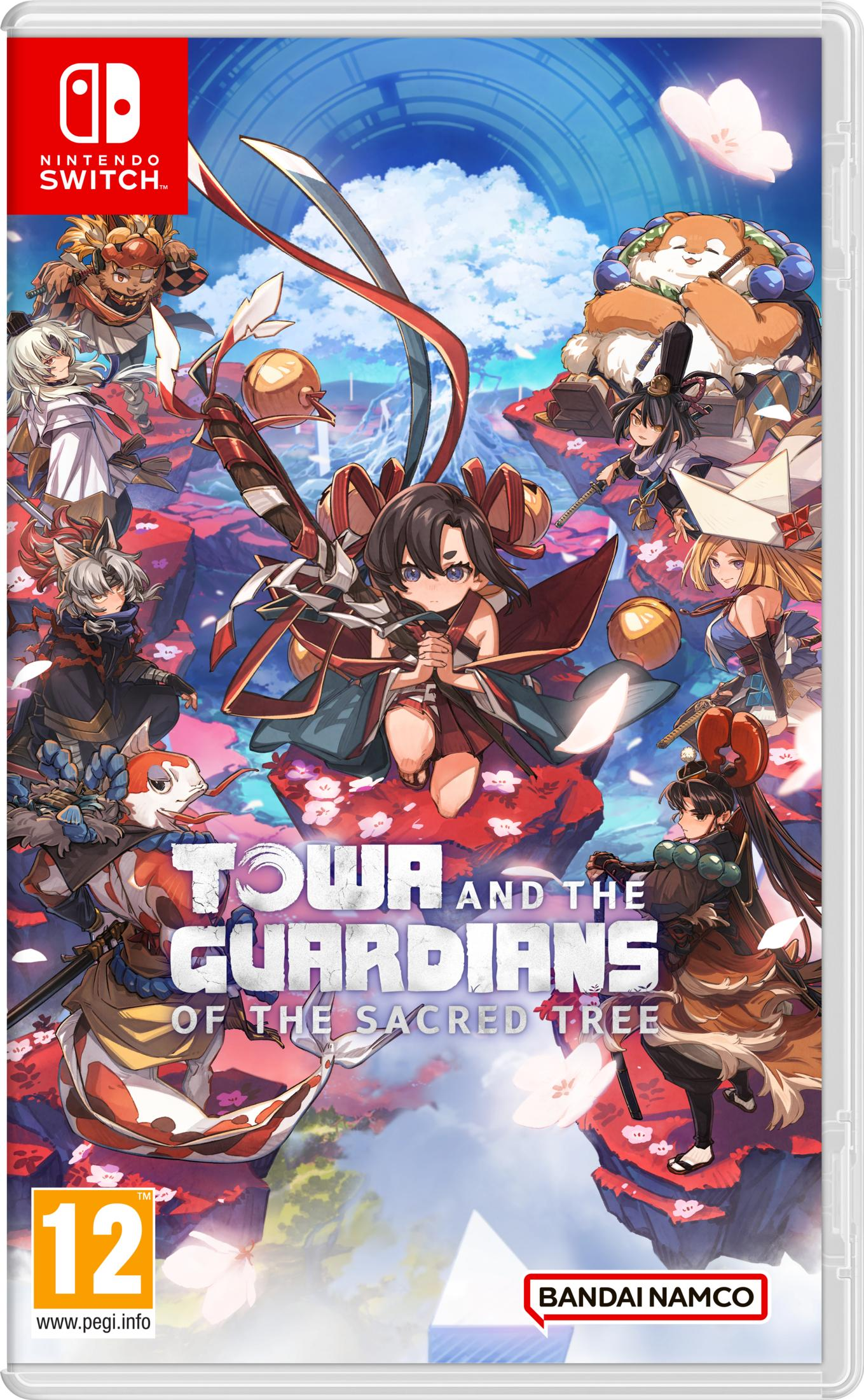 Portada del juego: Varios personajes de anime con espadas en islas flotantes.