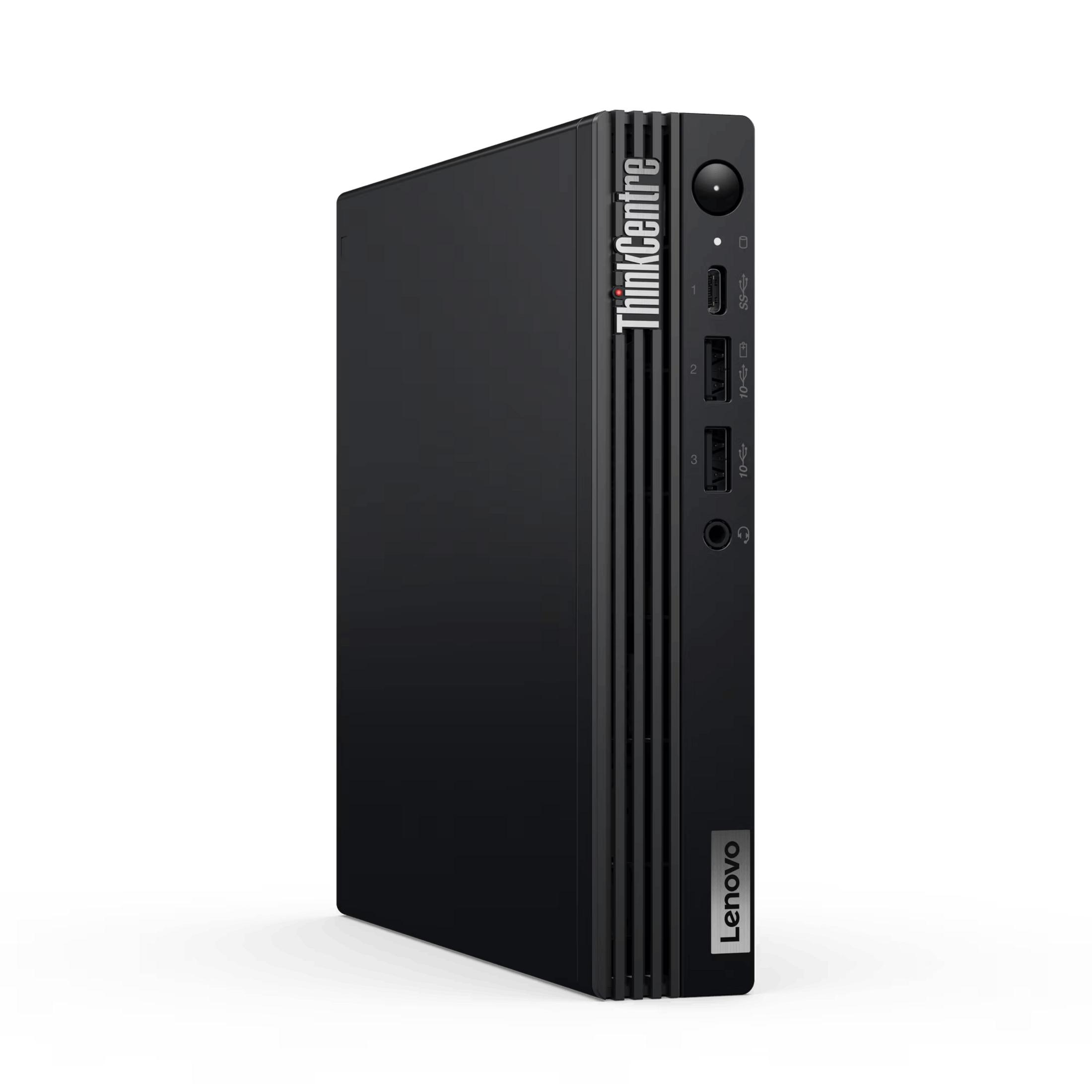 Mini PC negro Lenovo ThinkCentre con puertos y logo de Lenovo.