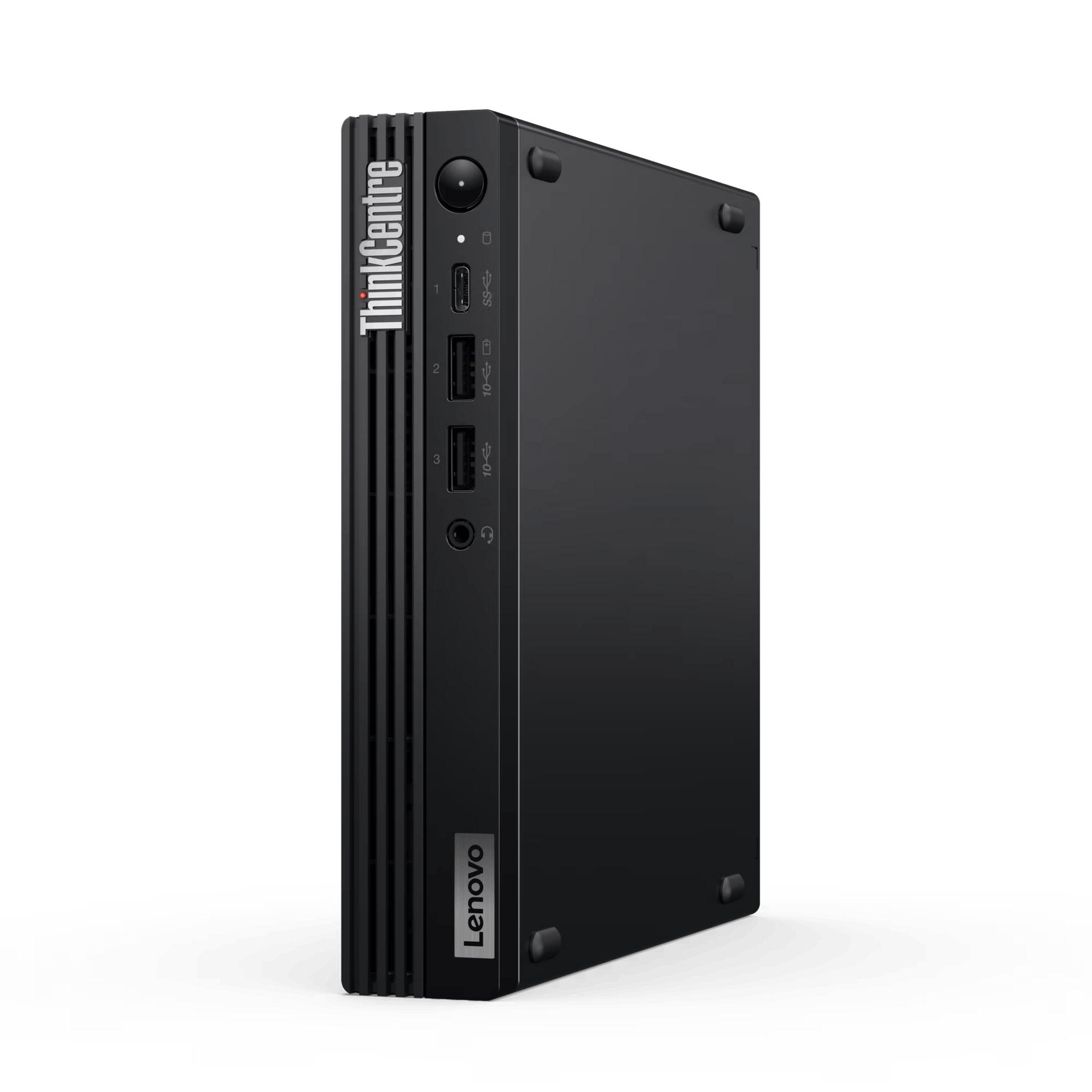 Un mini PC negro Lenovo ThinkCentre con puertos y altavoz en el frontal.