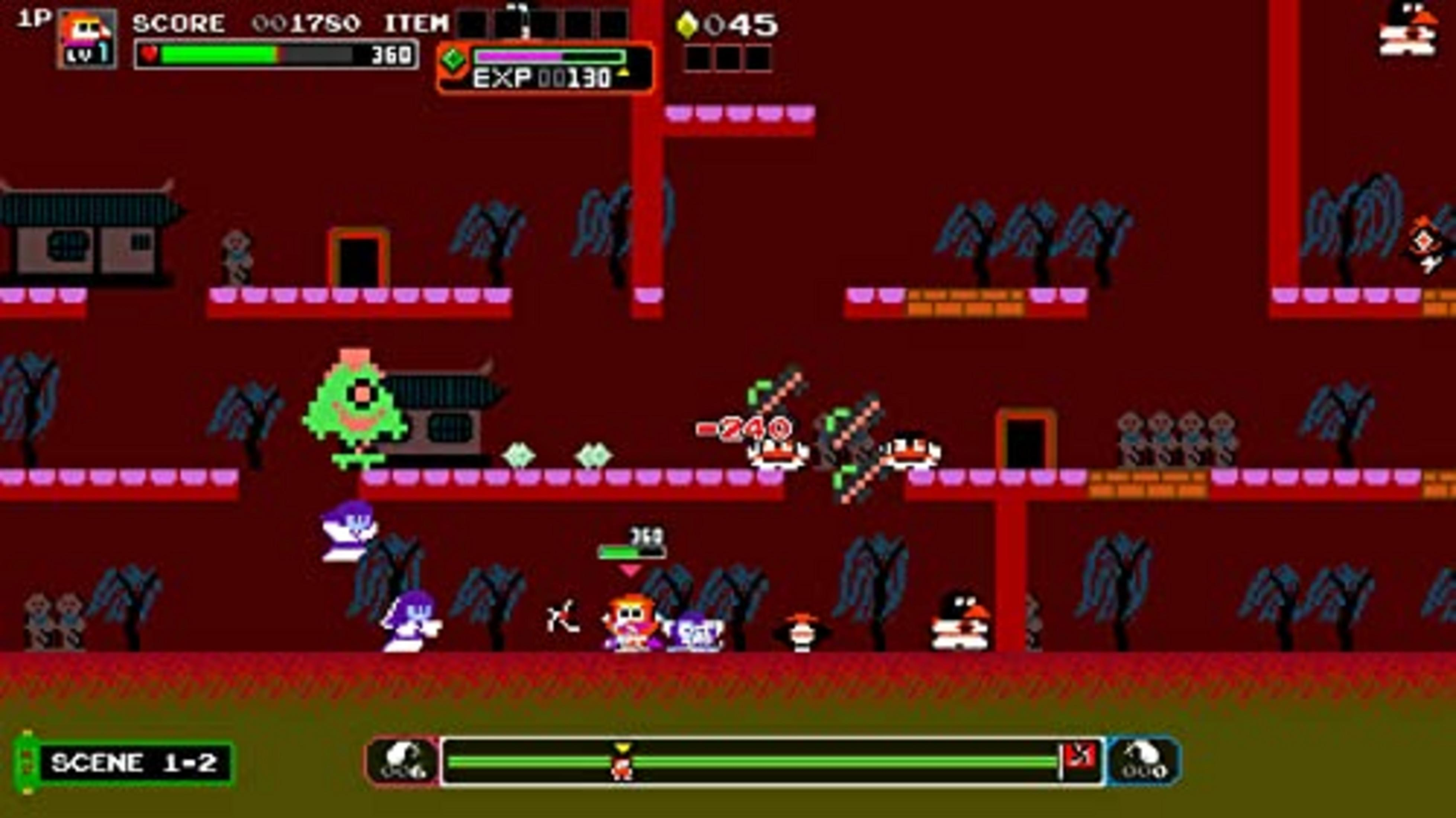 Un gioco 2D con sfondi rossi, edifici giapponesi e molti personaggi.