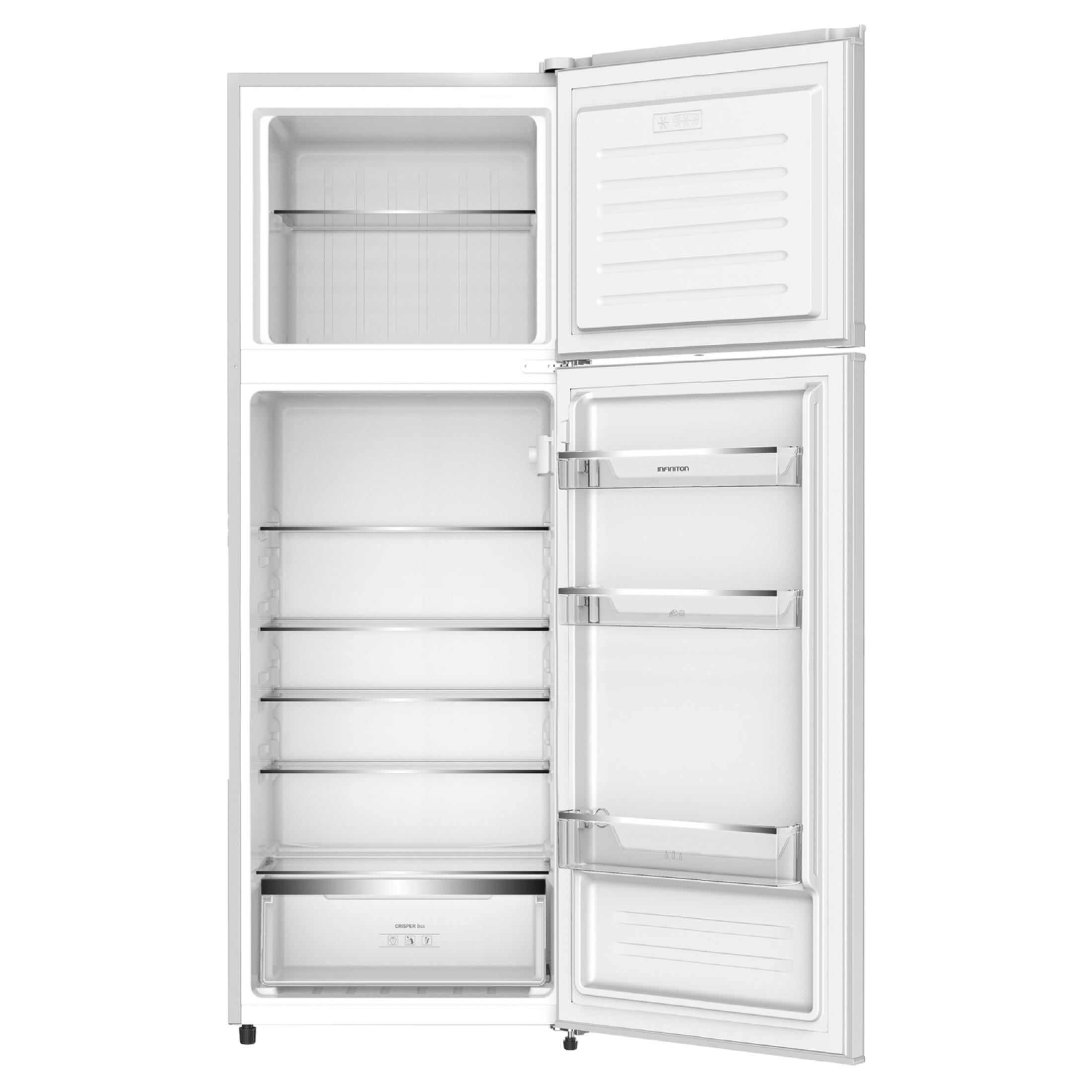 Un refrigerador blanco con puertas abiertas, mostrando estantes vacíos.