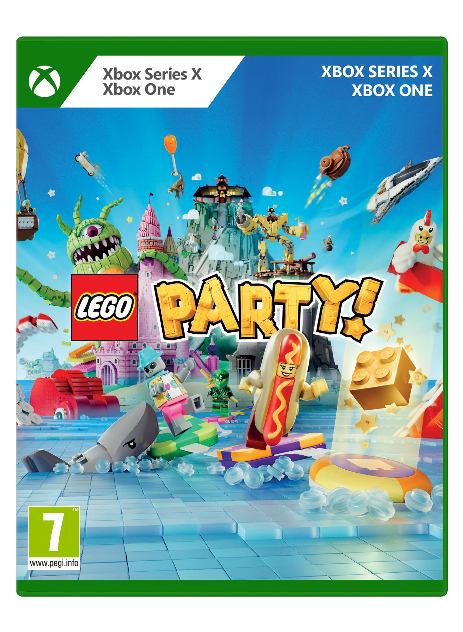 Copertina gioco Lego Party! Xbox con personaggi, mostri e castelli su cielo blu.
