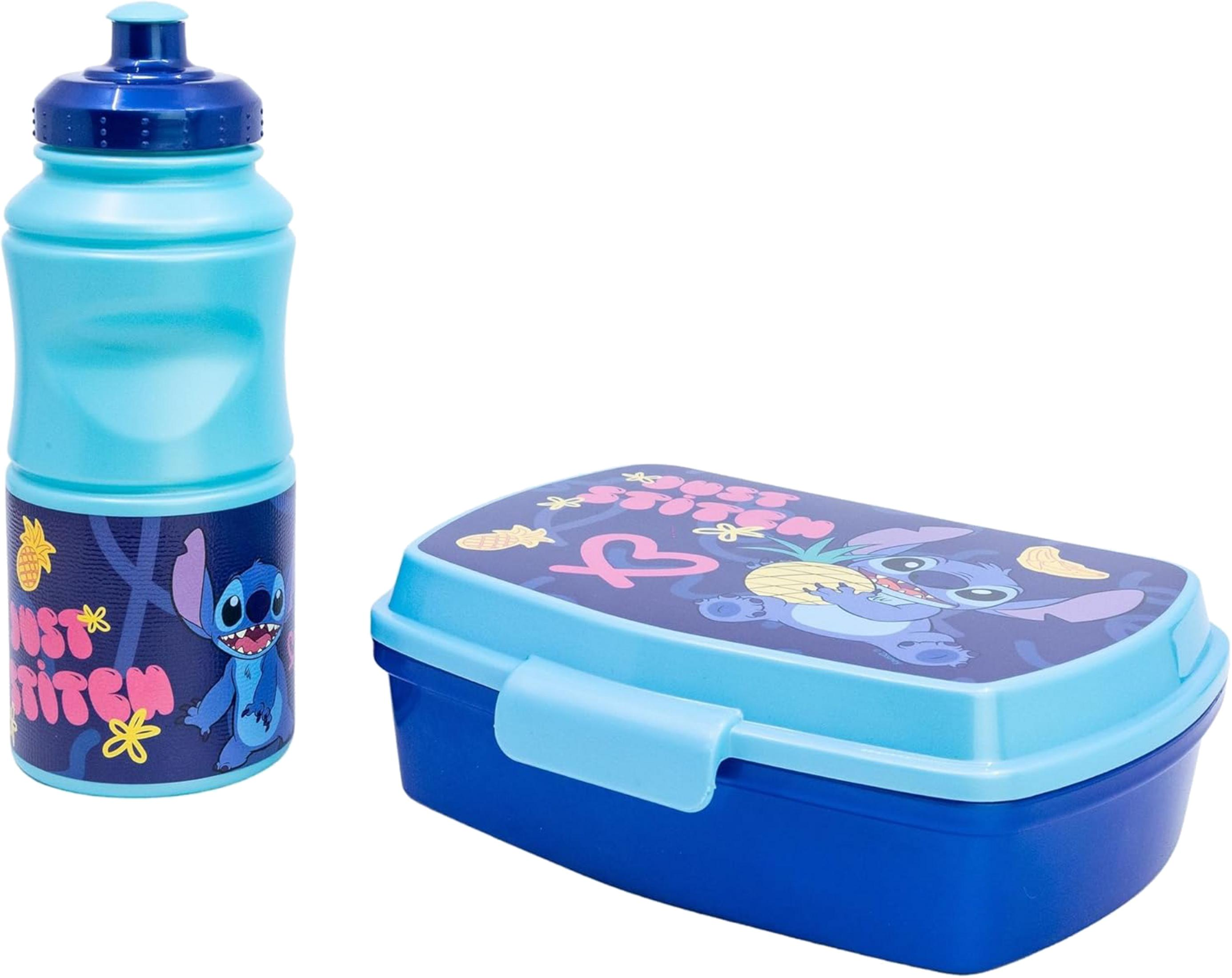 Botella de agua y fiambrera azules con diseño de Stitch.