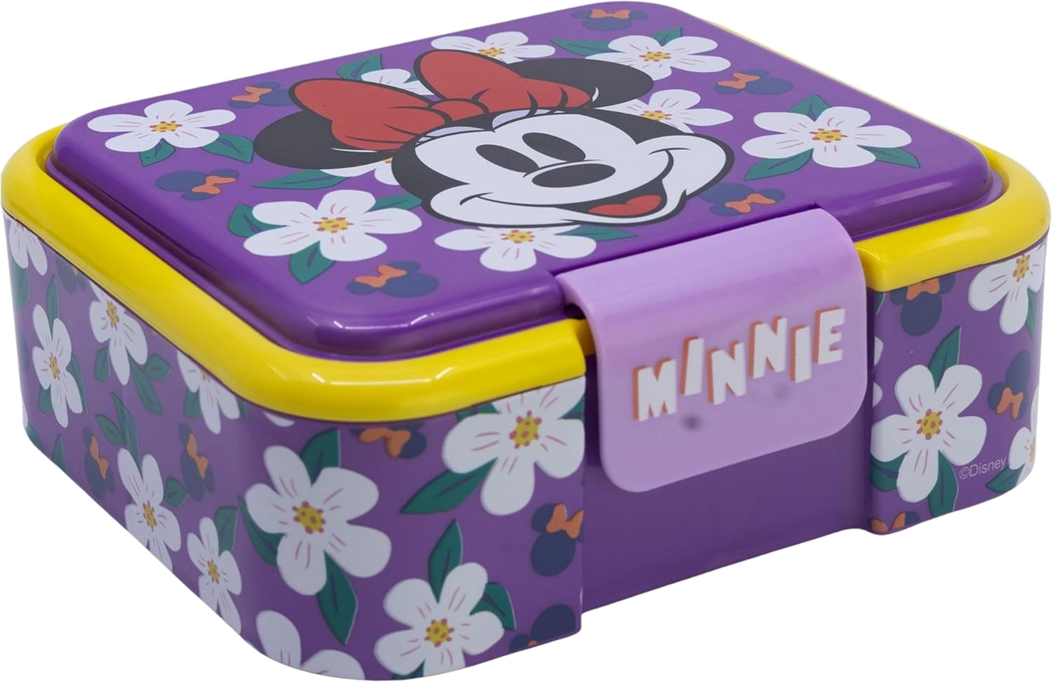 Fiambrera morada con Minnie Mouse y estampado floral. Borde amarillo.