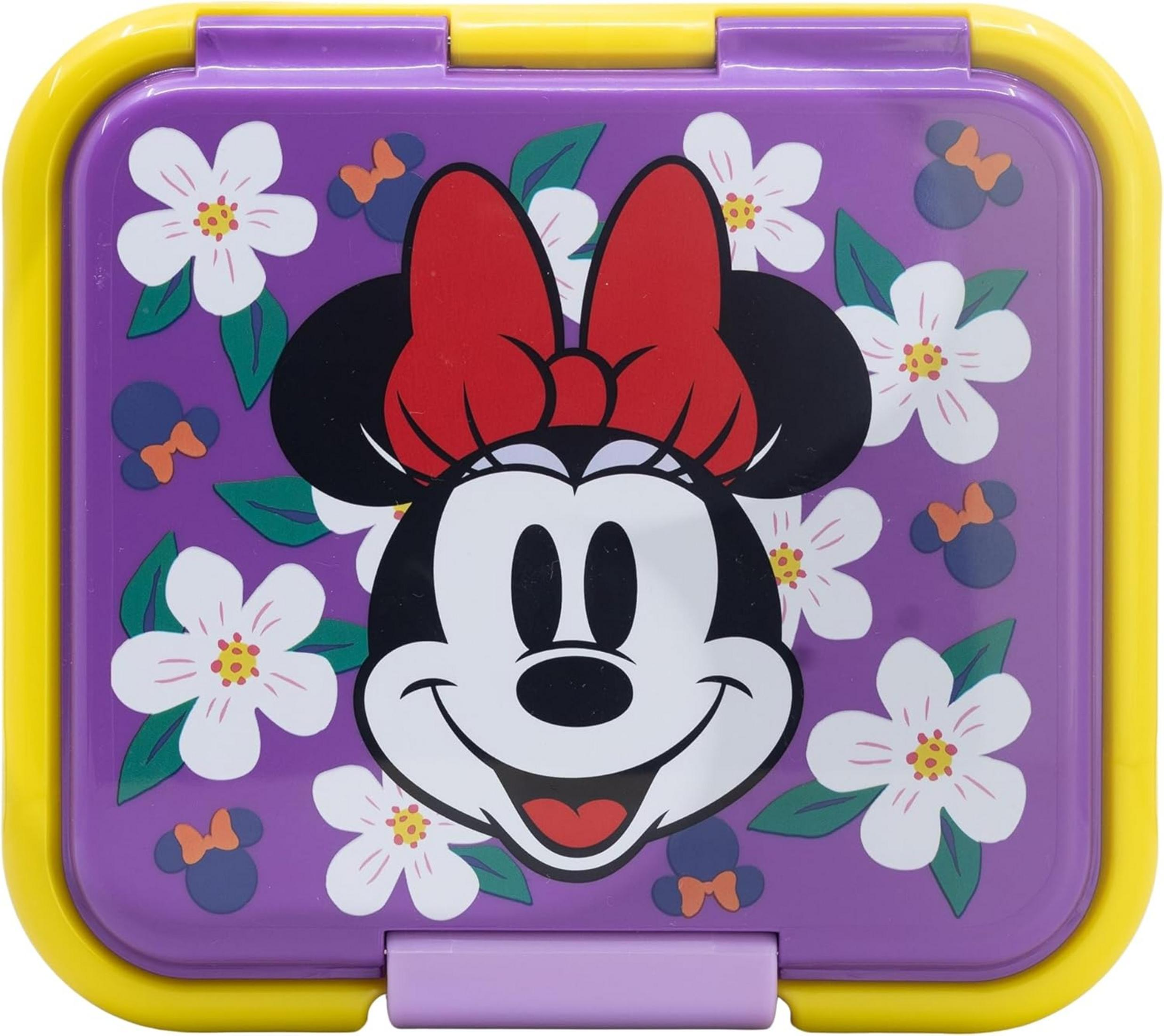 Lonchera morada con Minnie Mouse, flores blancas y borde amarillo.