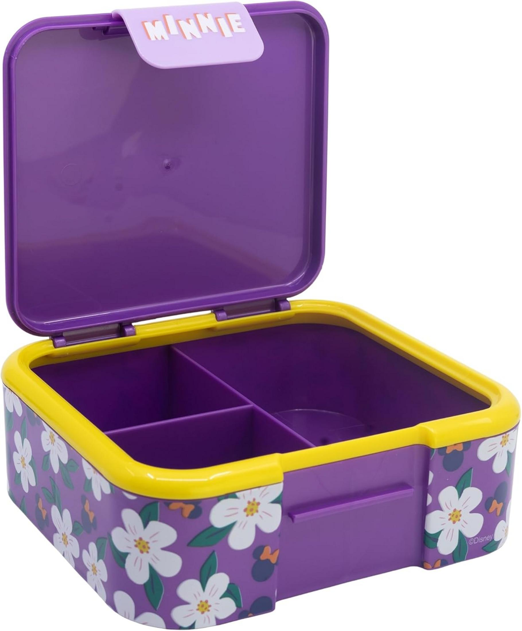 Fiambrera morada con borde amarillo, tapa con texto de Minnie, estampado floral.