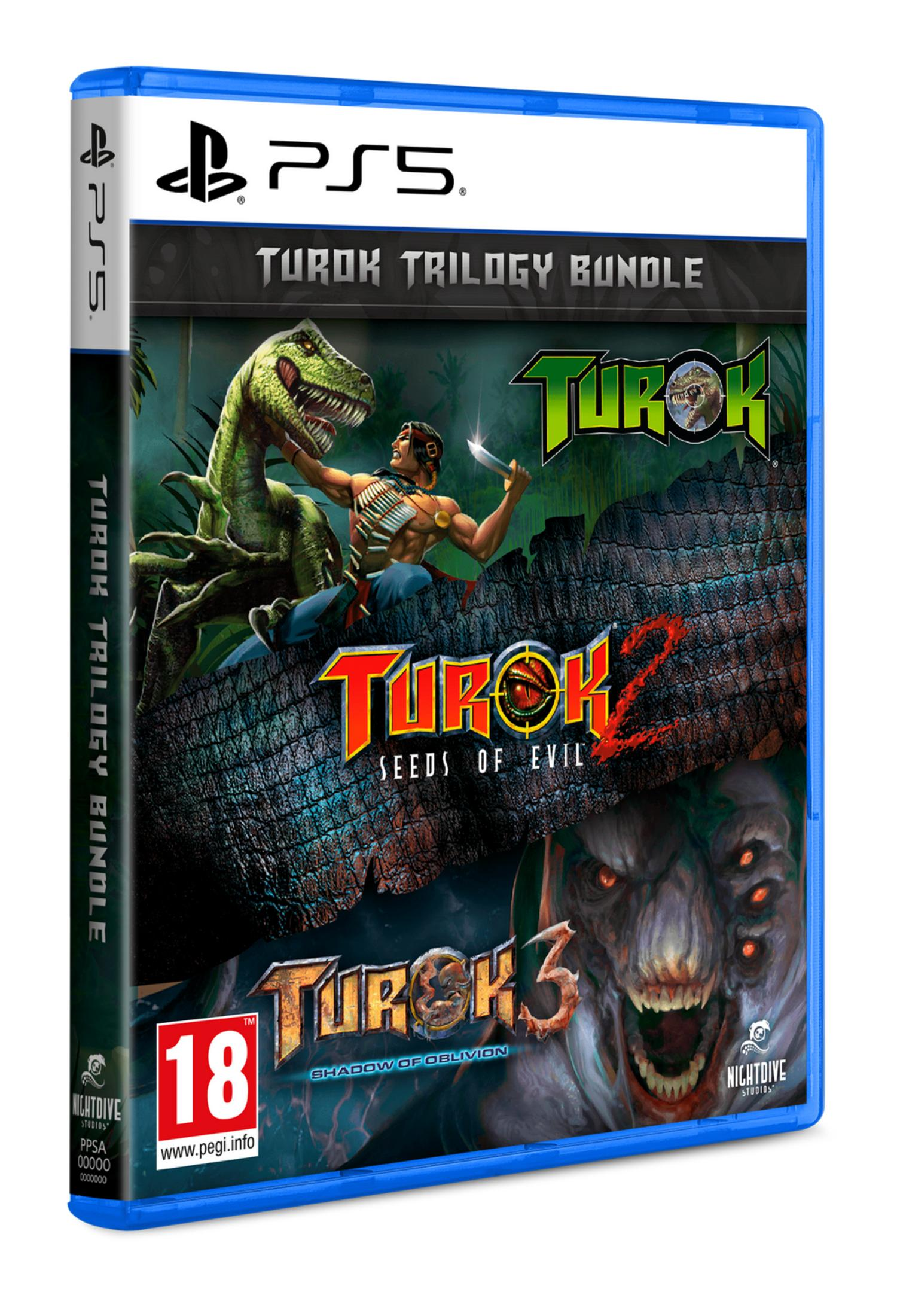 Custodia gioco PS5: Turok Trilogy Bundle con dinosauri, guerrieri e mostri.