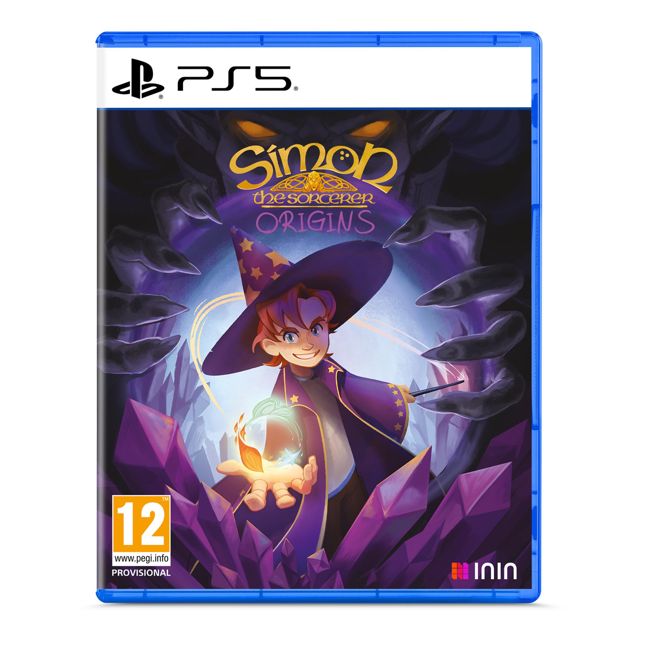 Copertina del gioco Simon the Sorcerer Origins PS5. Un giovane mago con cappello tiene un globo luminoso.