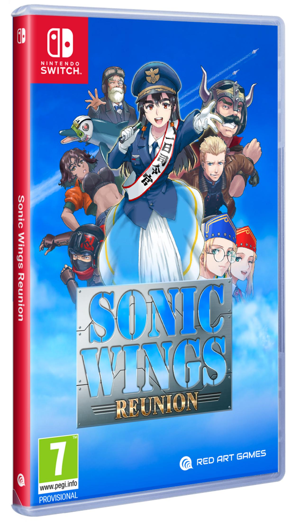 Copertina del gioco con personaggi anime e il titolo "Sonic Wings Reunion".