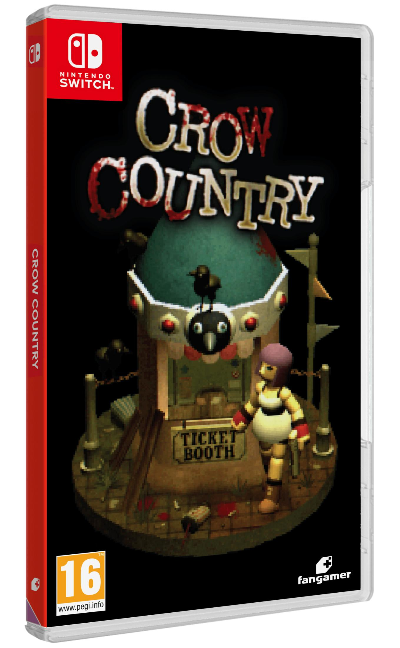 Funda del juego Crow Country para Nintendo Switch con puesto de entradas, figura y cuervos.