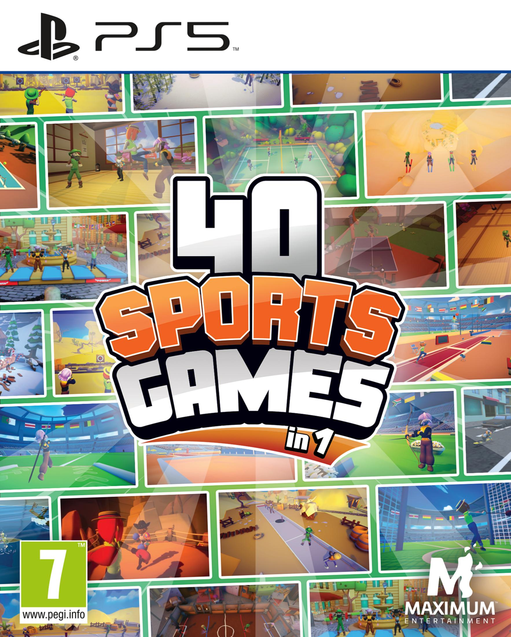 Copertina del gioco PlayStation 5 con il titolo '40 Sports Games in 1' e varie scene.