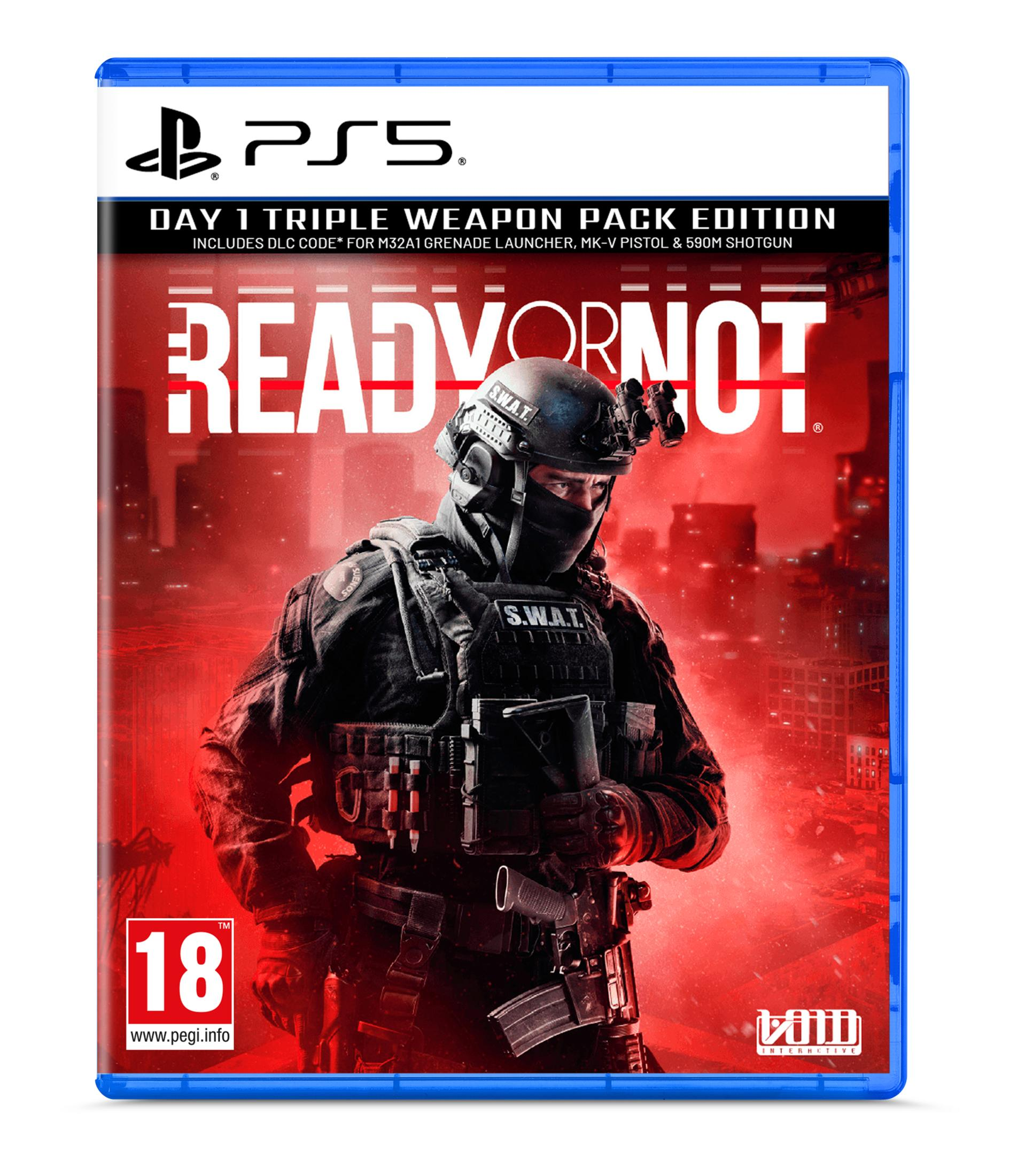 Copertina gioco PS5: Soldato SWAT con arma su sfondo urbano rosso. Include "Ready or Not".